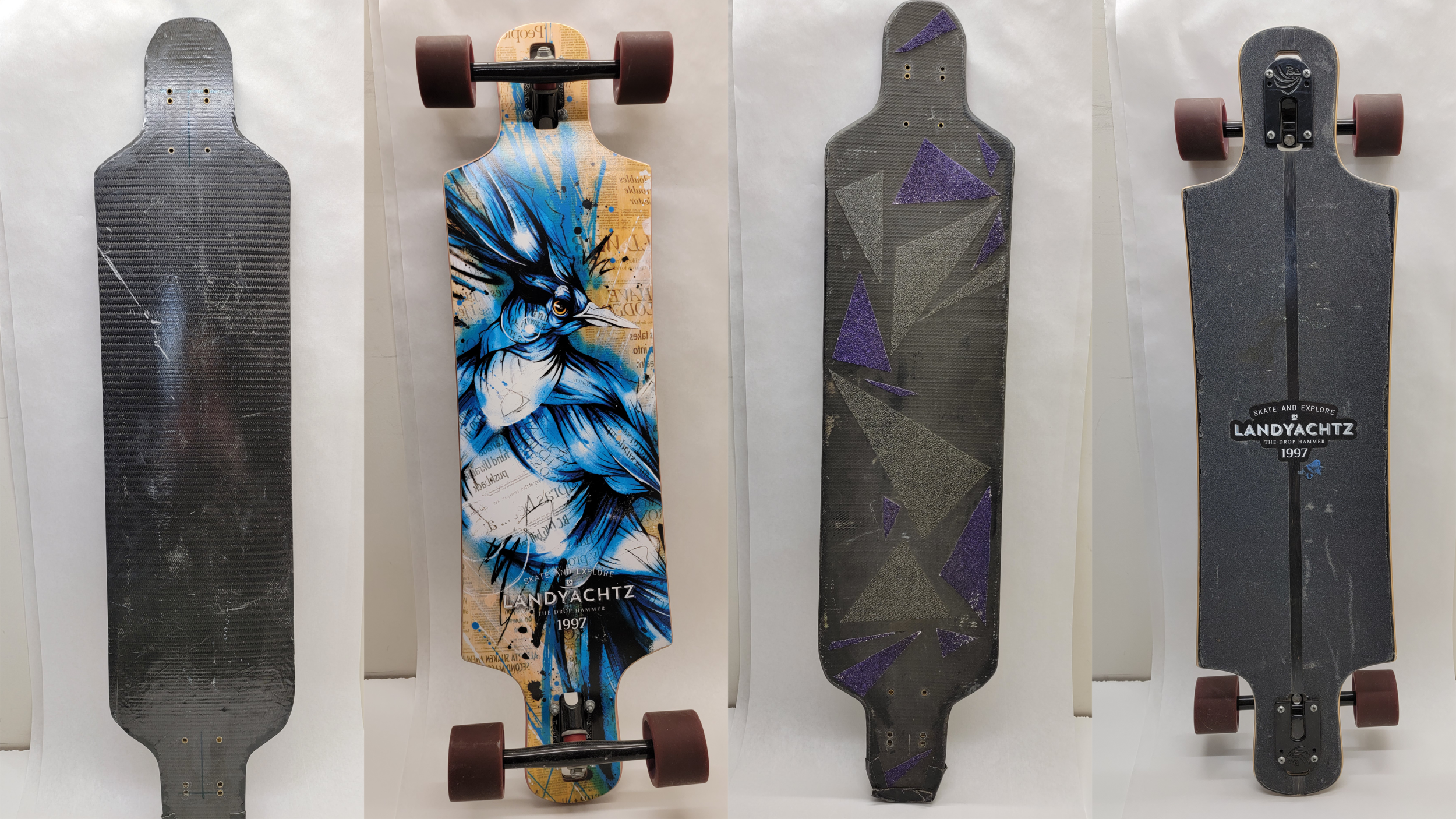 The DIY carbon fiber deck compared to a Landyachtz bamboo and fiberglass board