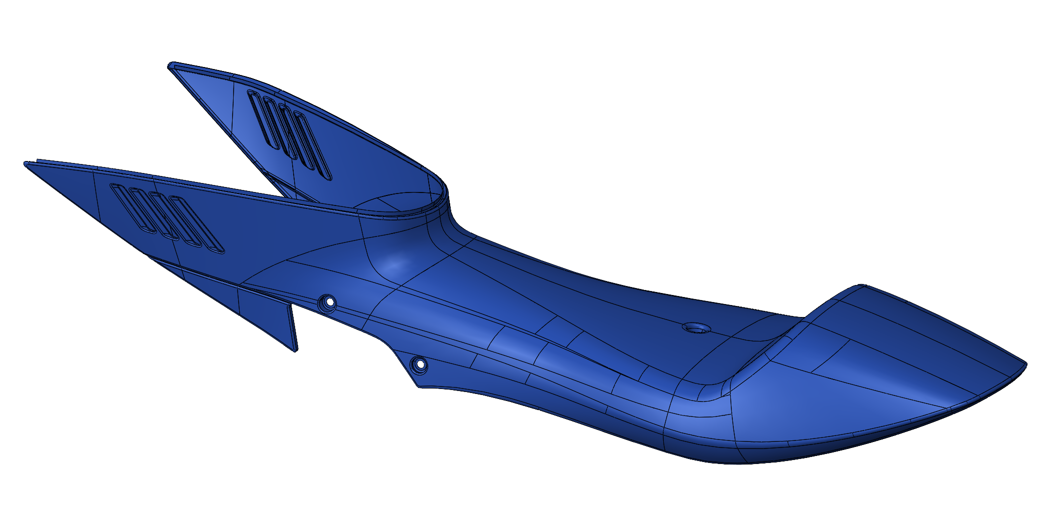 A digital 3D rendering of a futuristic, sleek blue spaceship with a streamlined design, front wings, and two vertical fins.
