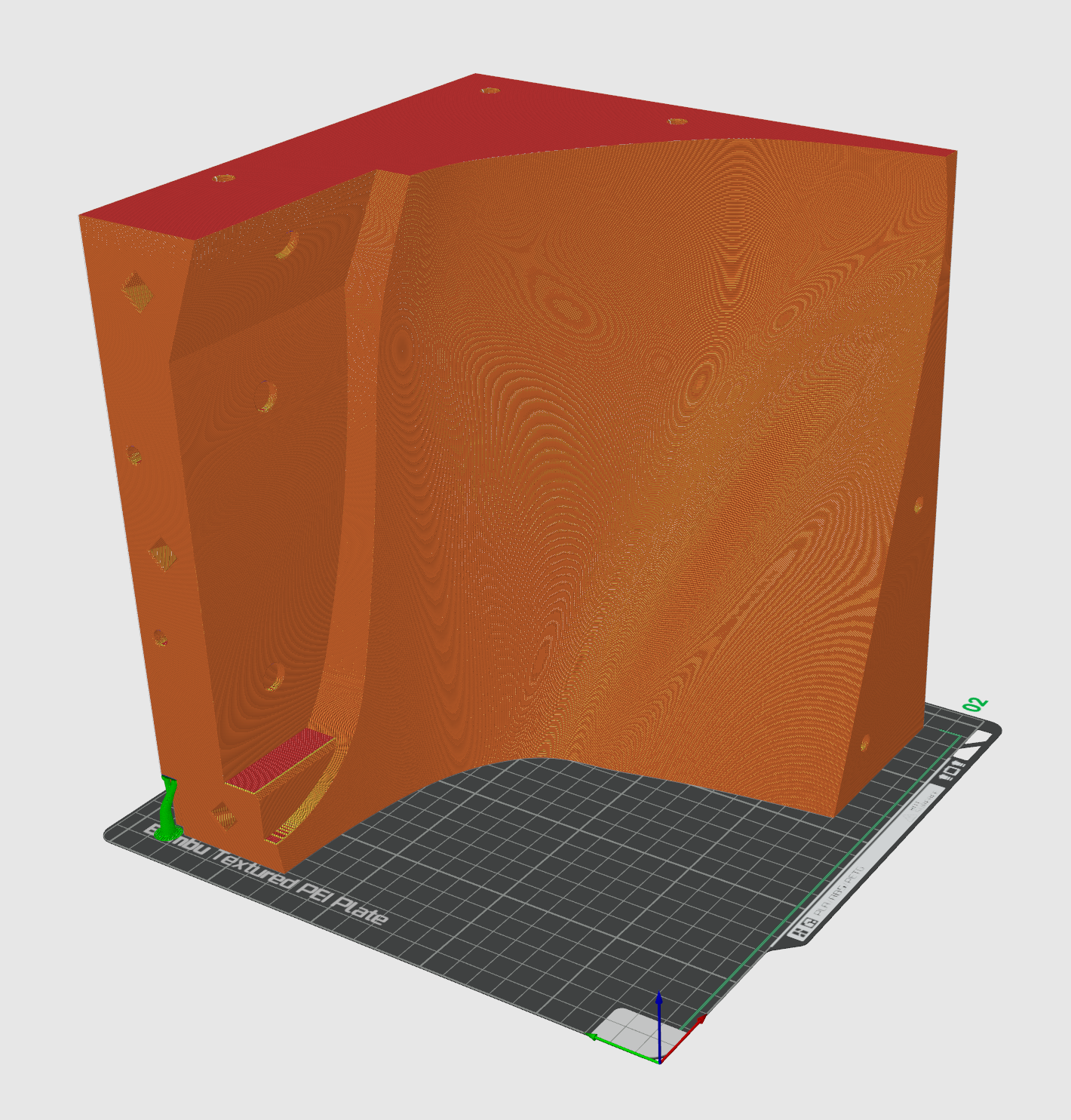3D model of a circuit board with orange and red components, mounted on a black grid mat, with arrows indicating axes.