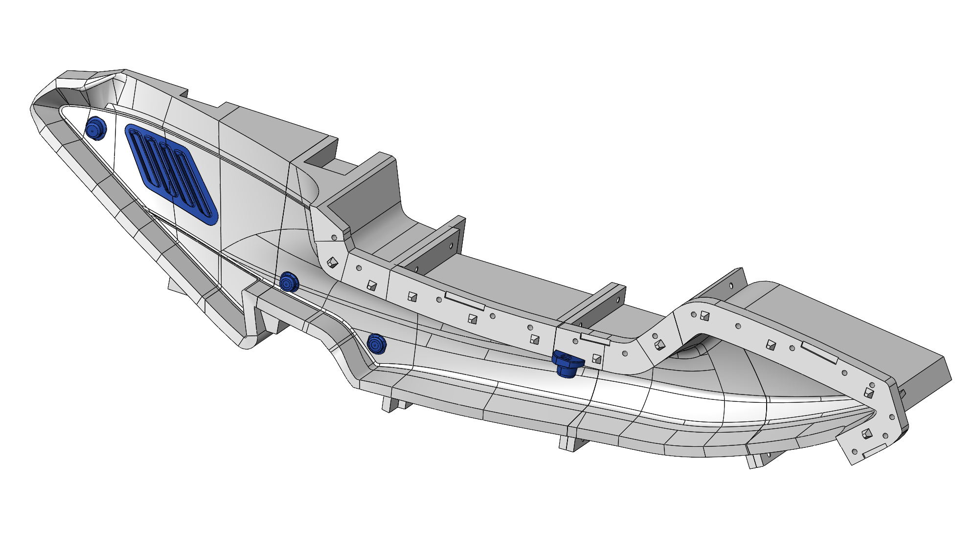3D CAD model of a boat hull structure showing internal framework and components.