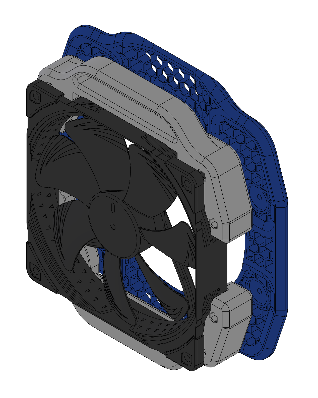 3D rendering of a computer cooling fan inside a protective frame