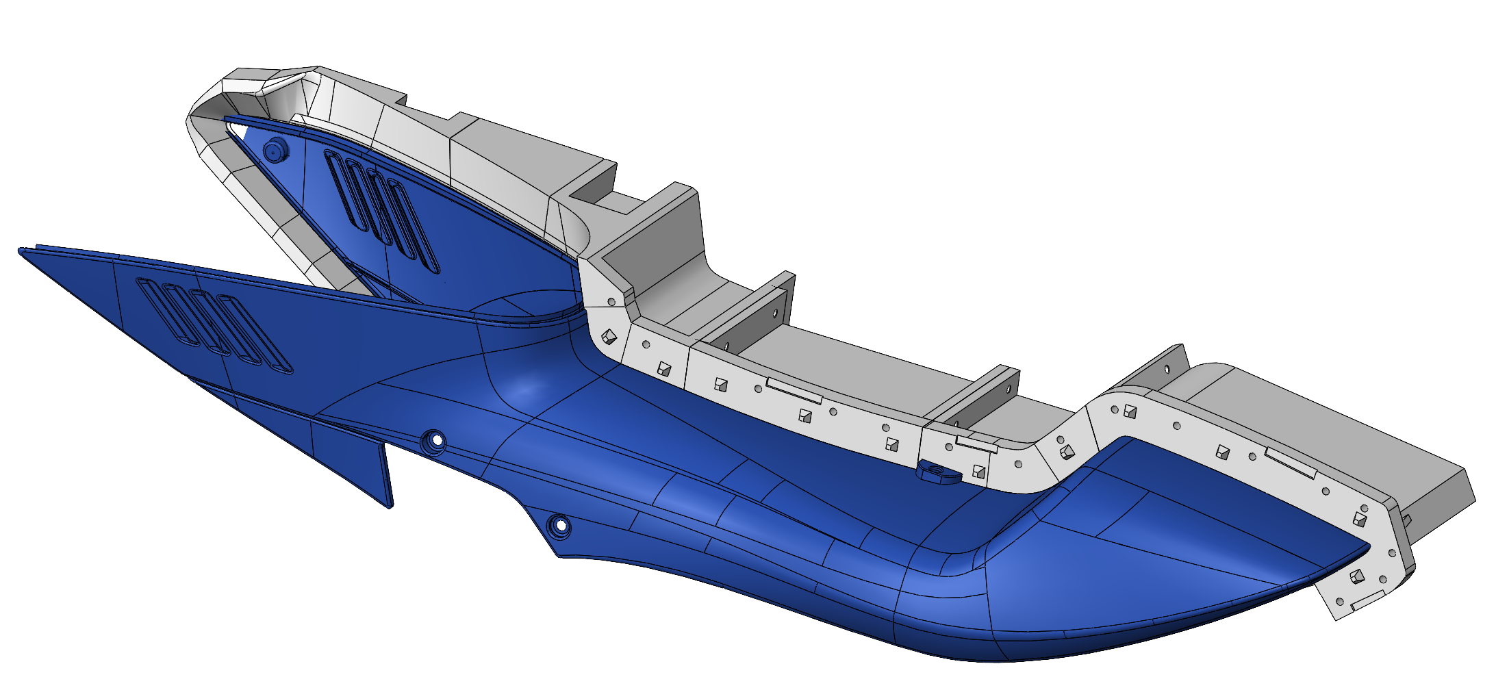 A 3D model of a boat hull with a blue exterior and structural components in gray, showing detailed design features
