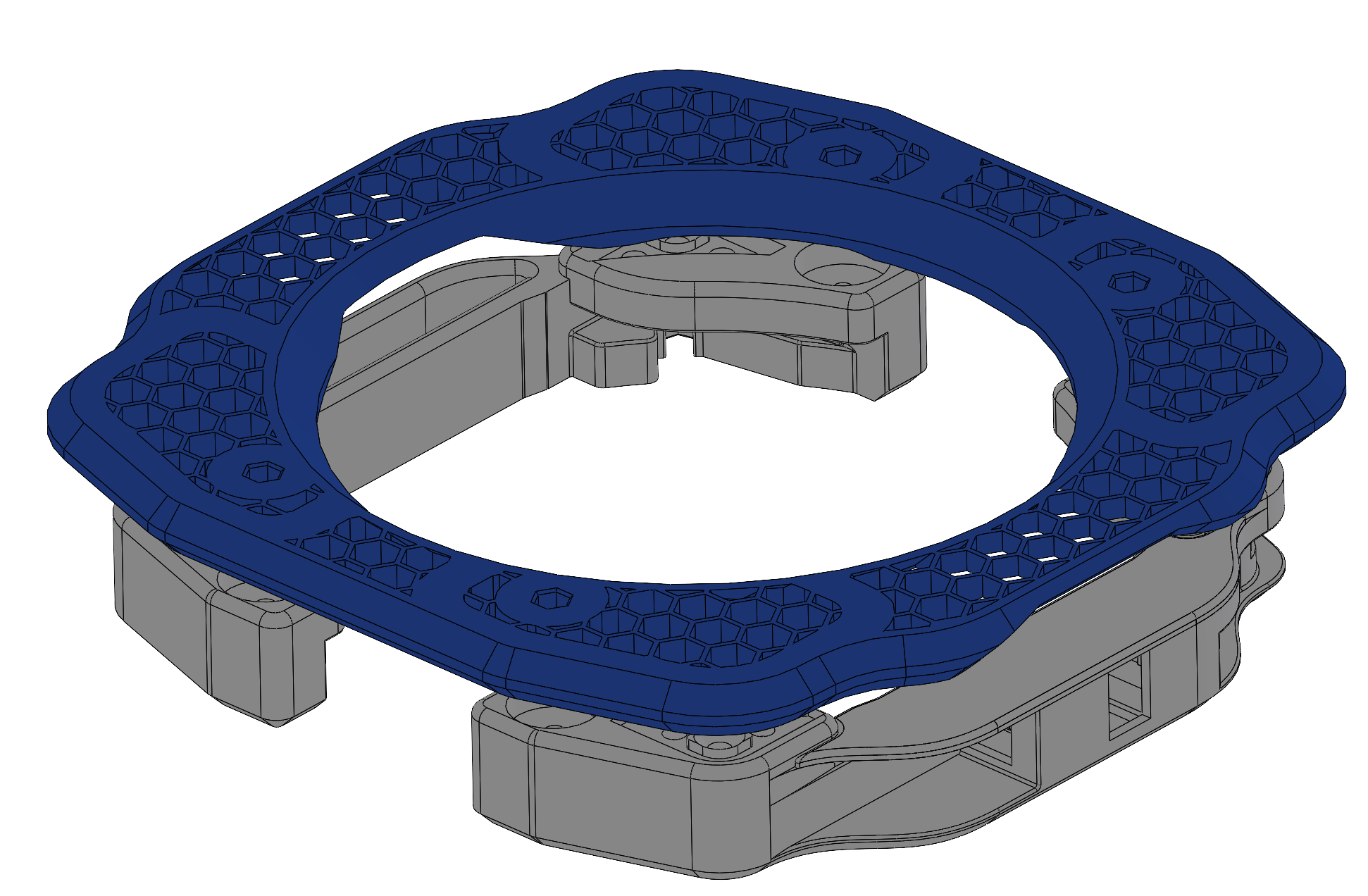 3D CAD model of a mechanical part with a hexagonal pattern on a blue frame.