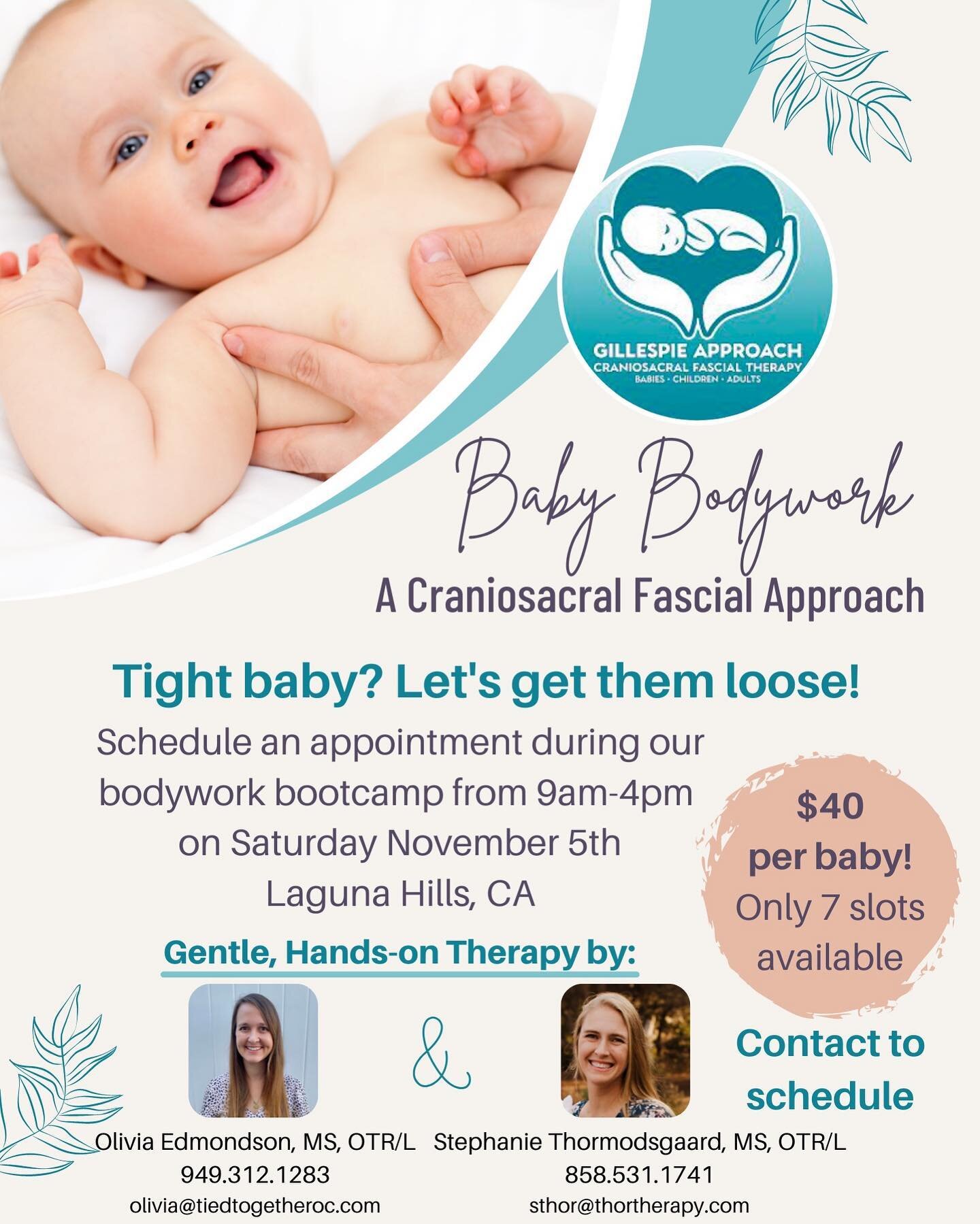 So excited to be hosting this tomorrow! Two spots left, tell your baby friends 🥰

CFT can help infants with&hellip;
-Birth trauma
-Tongue tie/Lip tie
-Torticollis
-Reflux
-Colic
-Inability to latch
-Difficulty sucking
-Difficulty sleeping
-Constipat