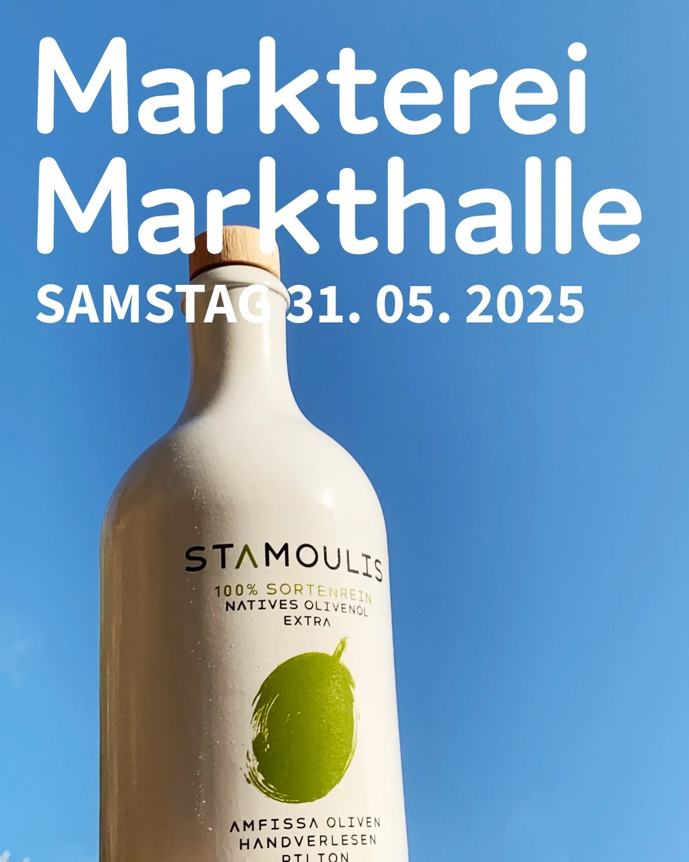 Morgen ist&rsquo;s so weit!
Wir sind bei der Markterei in Wien &ndash; und ihr k&ouml;nnt dort direkt unser Stamoulis BIO Oliven&ouml;l probieren und kaufen! 🌿💚
Kommt vorbei, entdeckt unser hochwertiges Oliven&ouml;l aus Griechenland und lasst euch