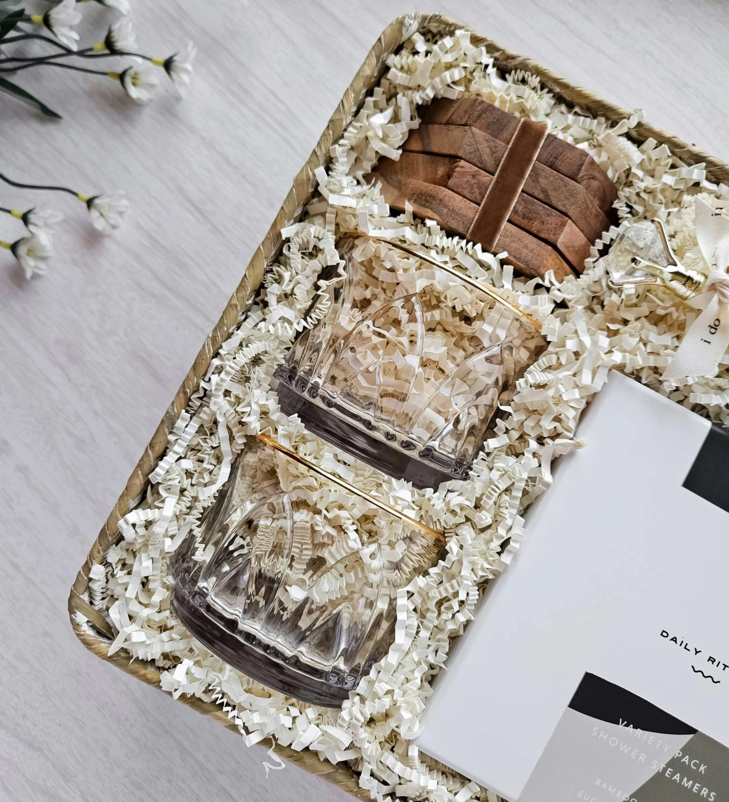 Sophisticated wedding gift basket with stylish glassware and modern wedding‑day touches, curated to celebrate the beauty of saying “I do.”