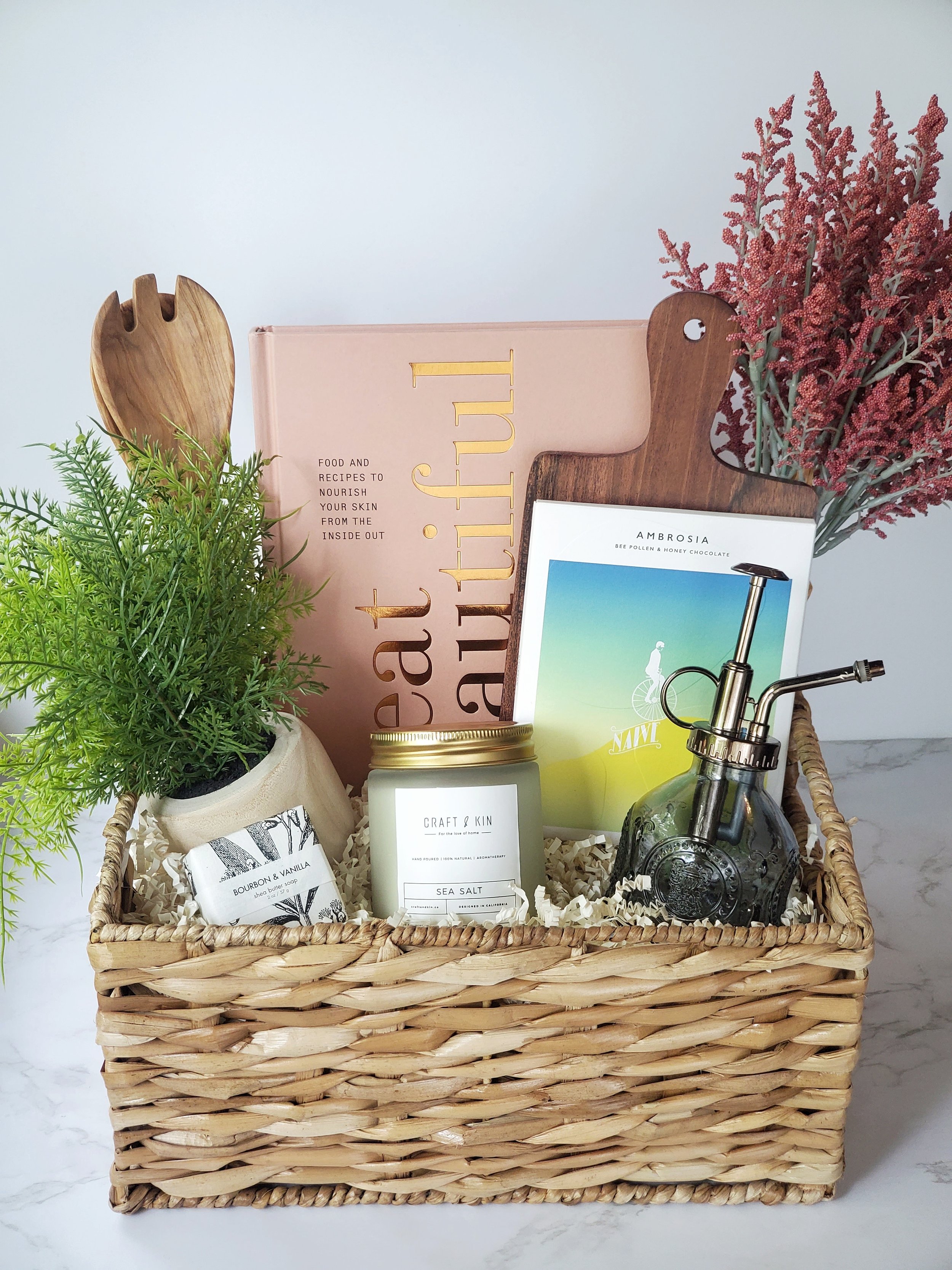 eat beautiful cookbook, scented candle, gourmet chocolate bar, plant mister, and more