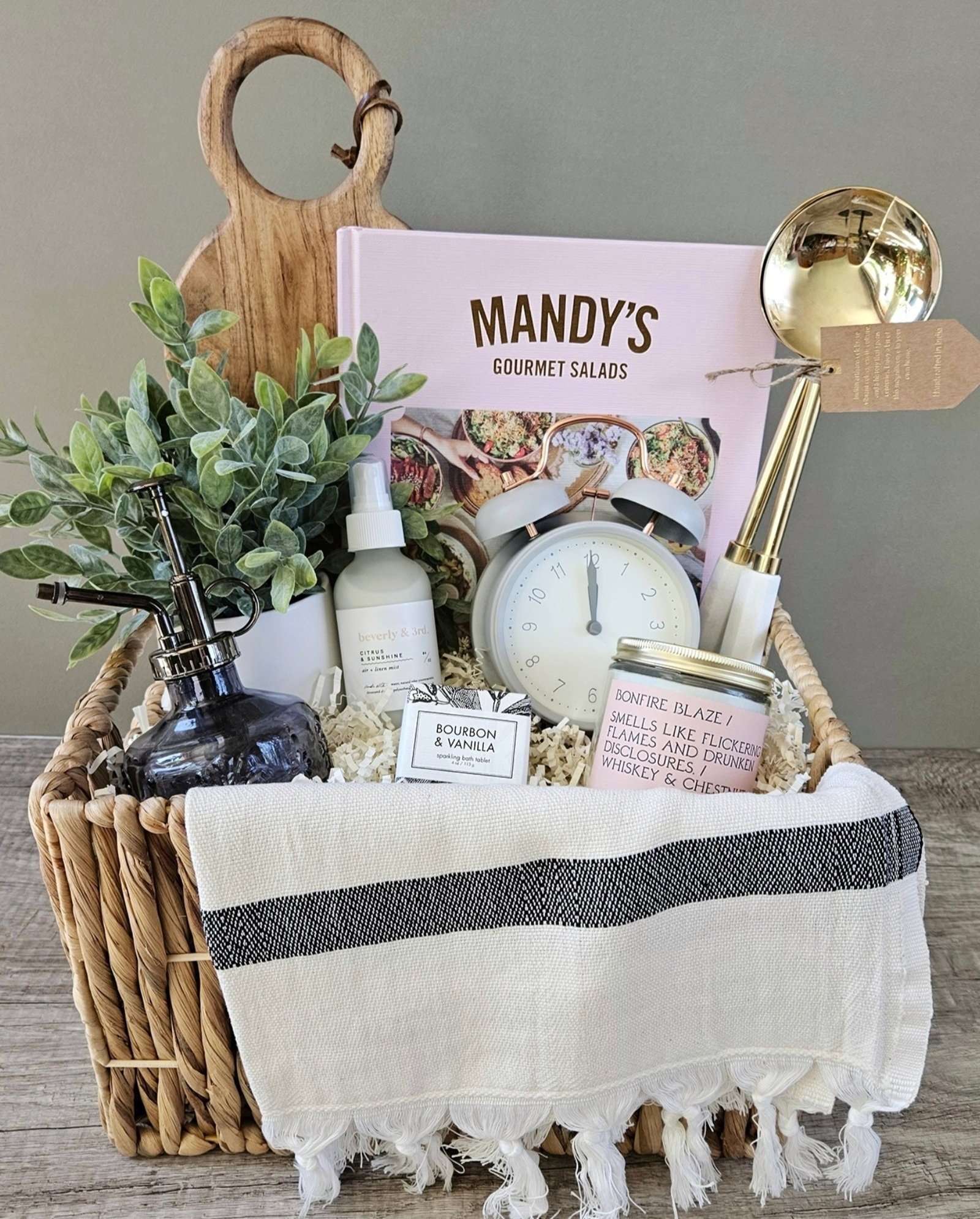 Gourmet salad recipes, bonfire candle, delicious scented room spray, vanilla bath tablet, and more