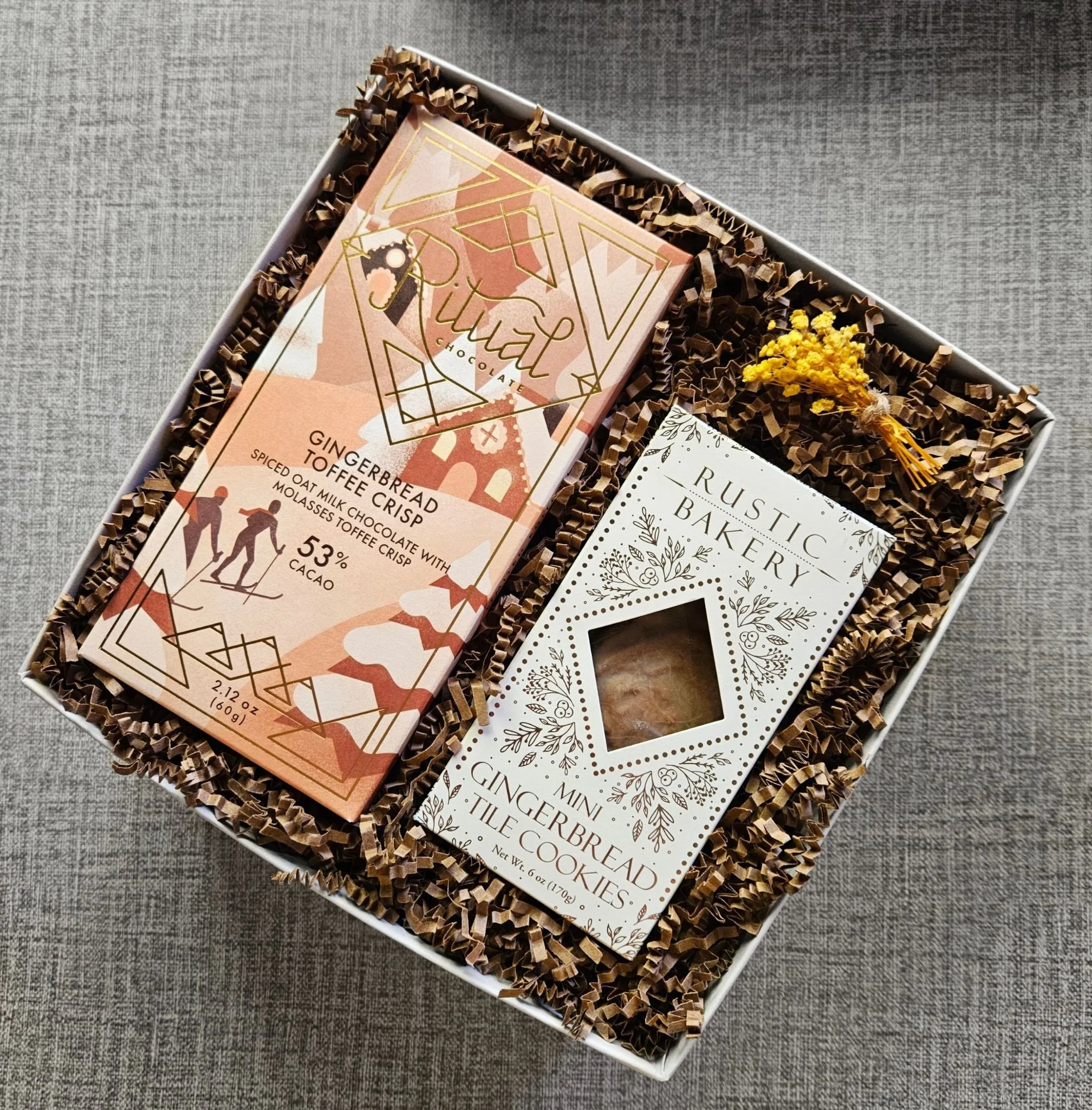 Holiday gift box with gingerbread toffee chocolate bar and mini gingerbread cookies. A sweet seasonal treat for family, coworkers, or friends.