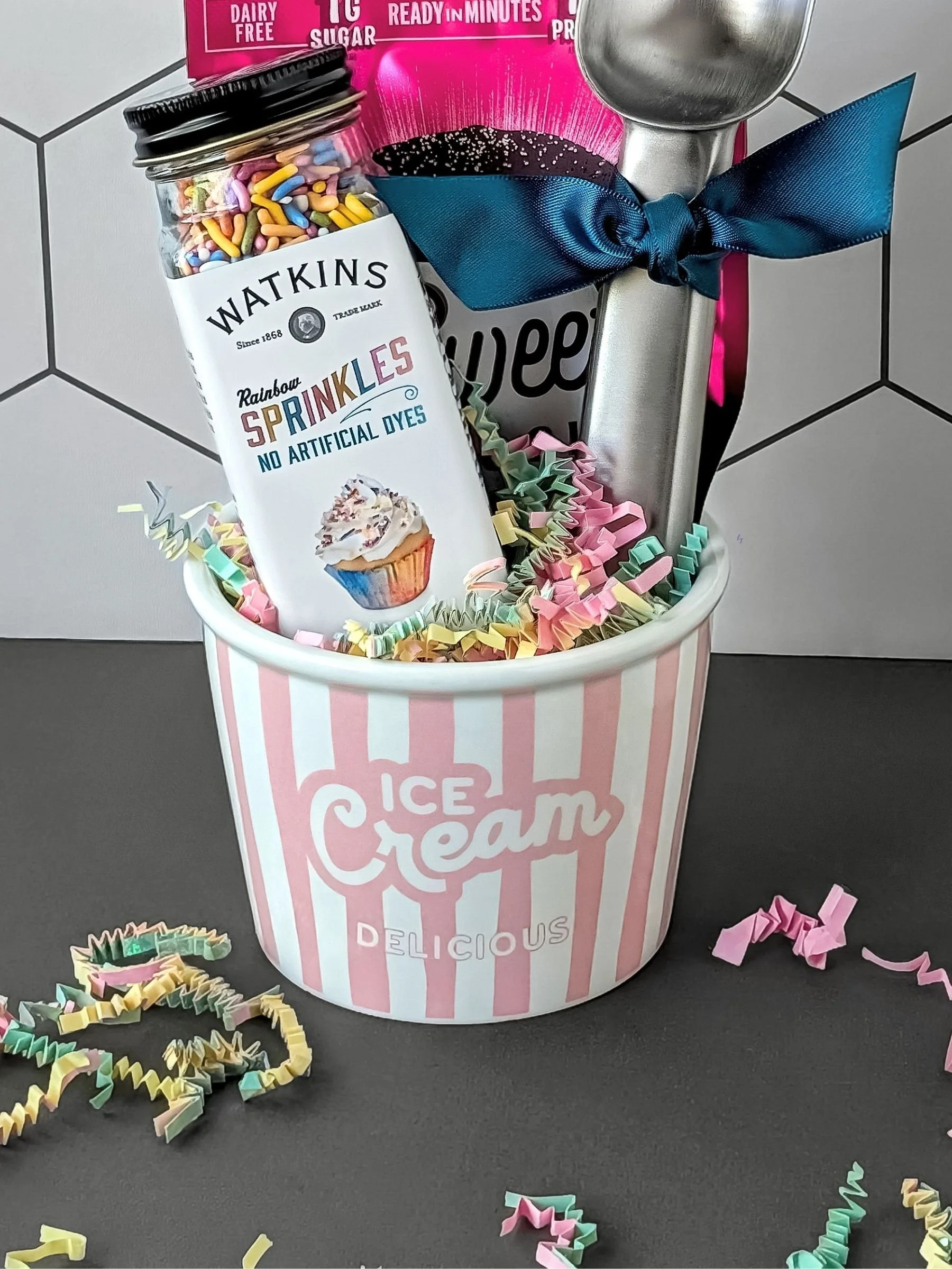 The Parlor ice cream gift set featuring pink stripe or confetti bowl with sprinkles and stainless steel scoop.