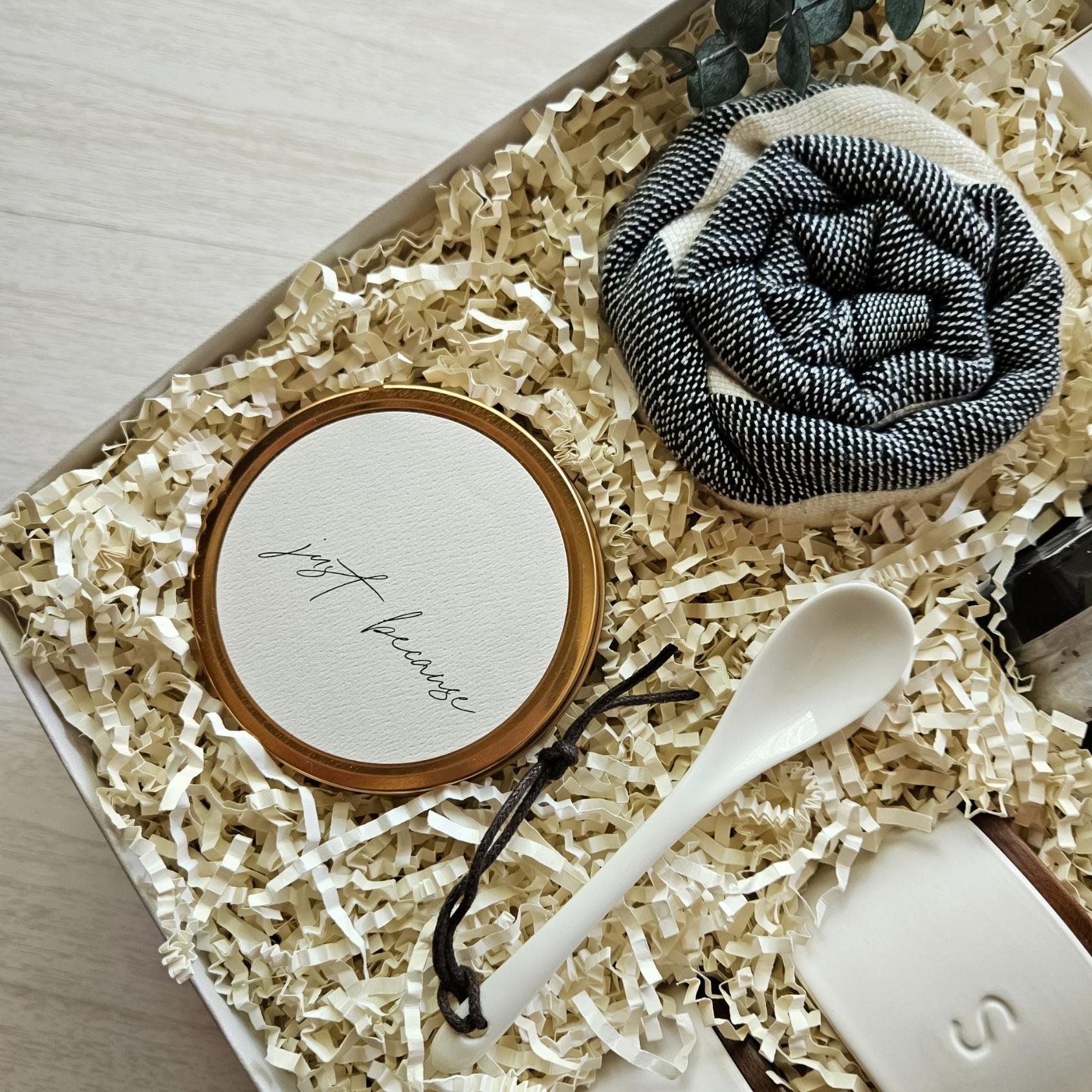 Curated self-care gift box with coconut shea candle, Turkish towel, spice spoon, and soap — perfect for everyday appreciation