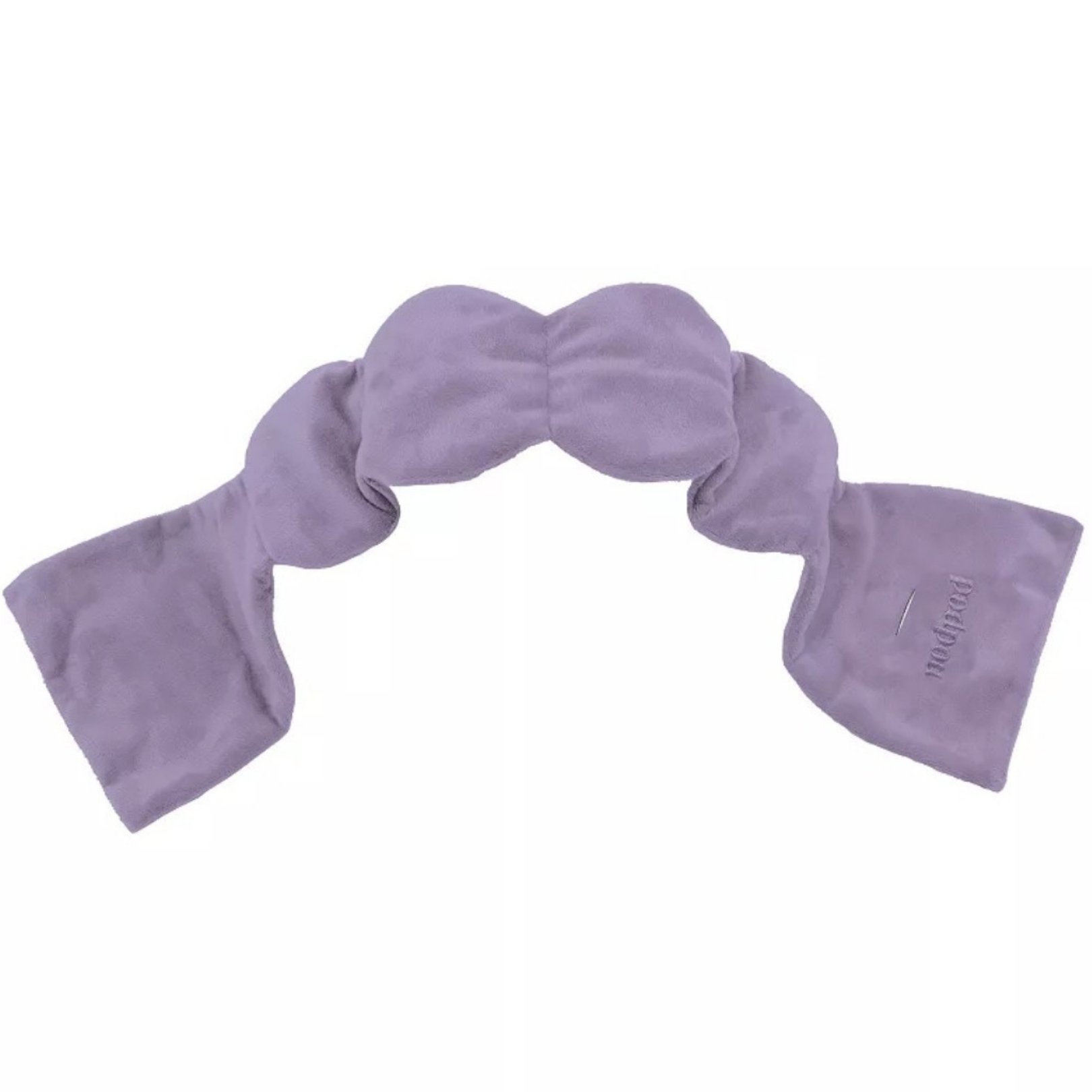 Lavender, plush Nodpod weighted eye mask with a bow-like shape, embroidered with the word 'nodpod'.