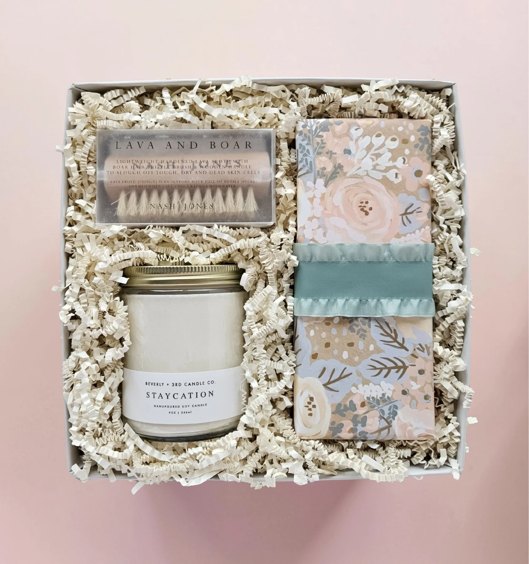 The Golden Hour gift box with soy candle, lava & boar brush, and vanilla shortbread cookies for a relaxing self‑care moment.