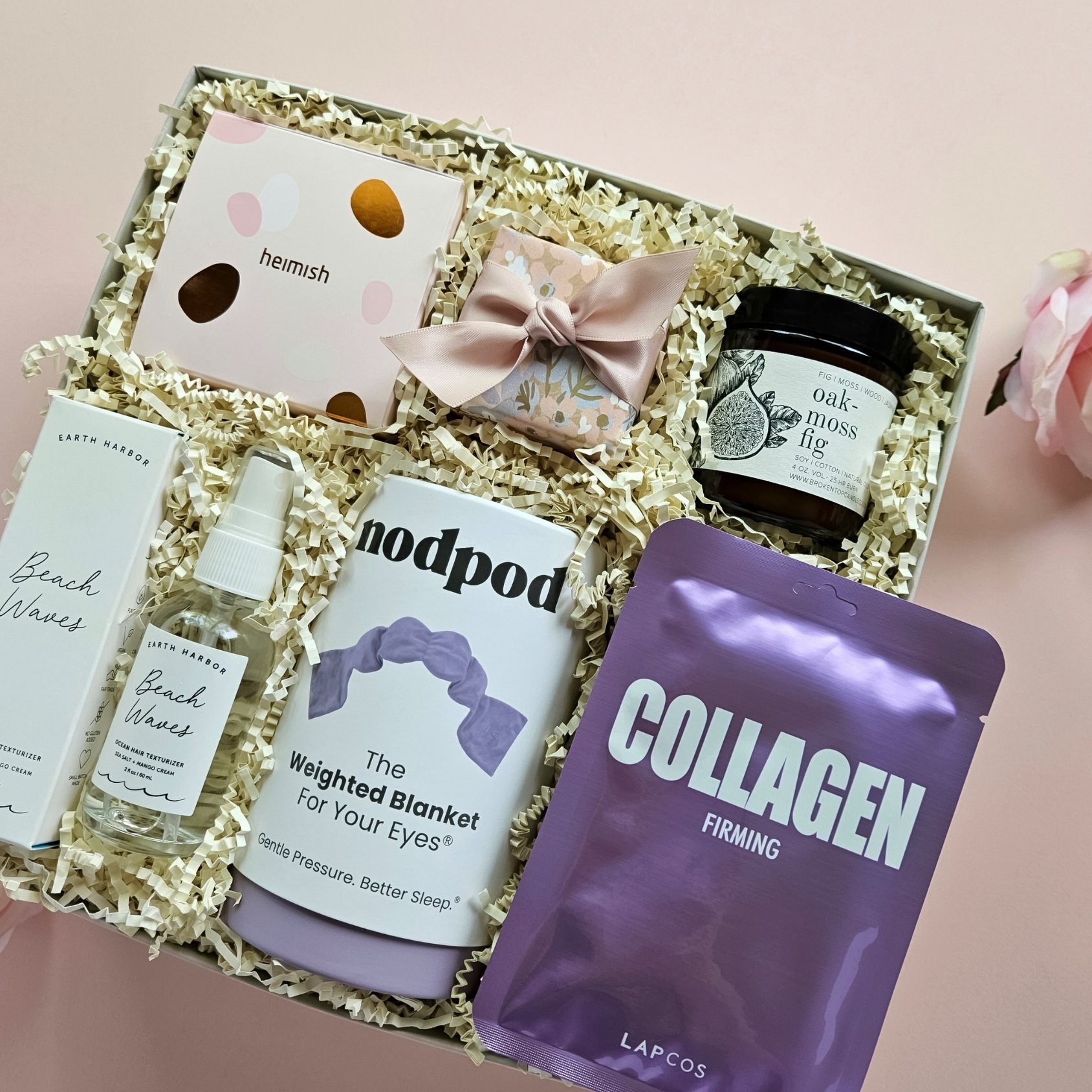Ultimate spa gift box with beach wave texture spray, weighted eye mask, and Bulgarian rose eye gels.