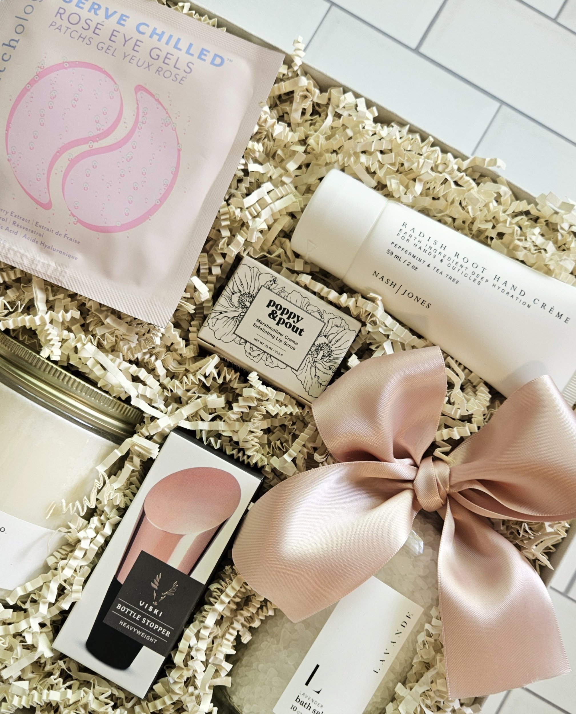 relaxing gift box with marshmallow creme lip scrub and lavender bath salts