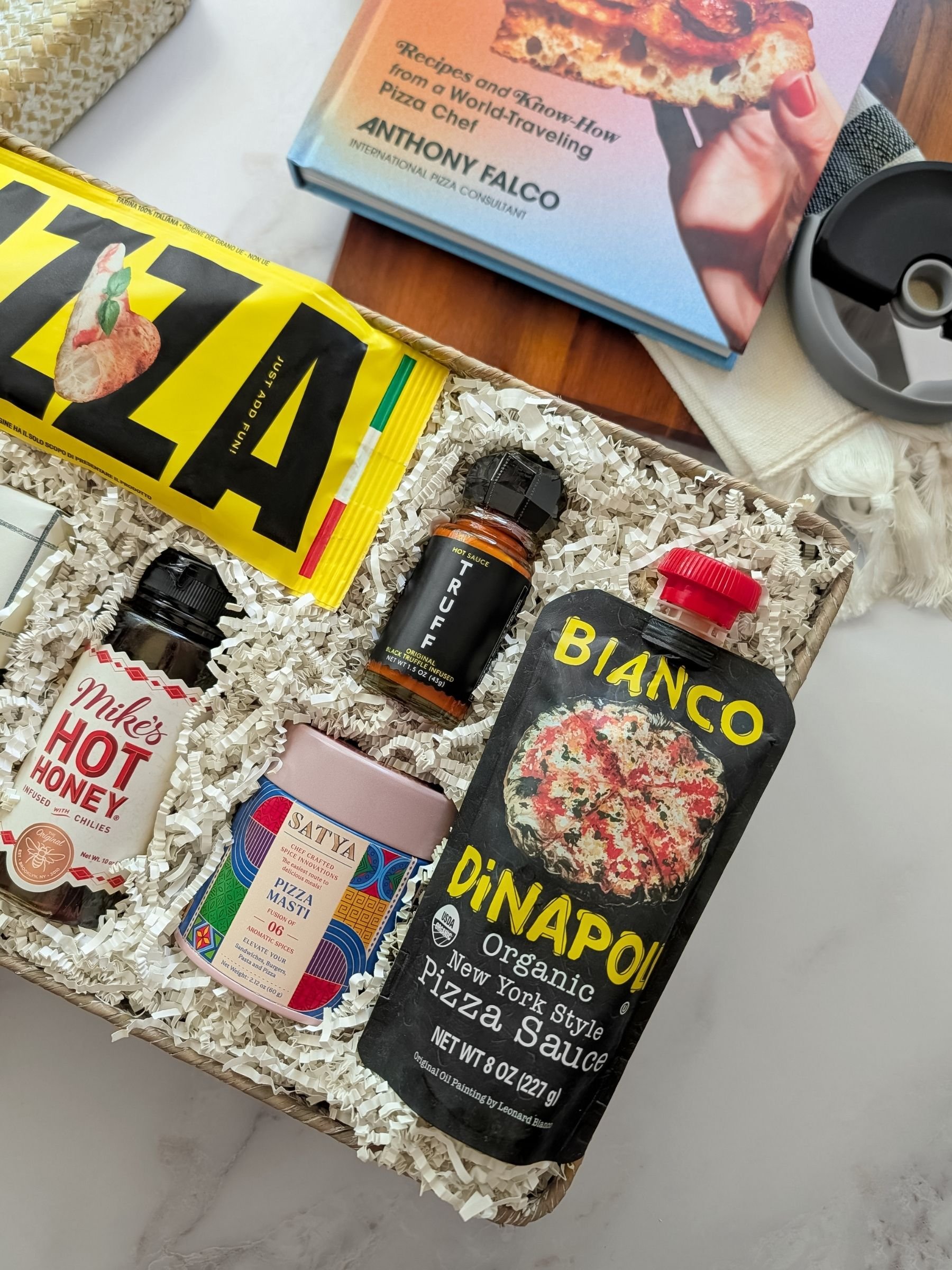 Gourmet pizza‑themed gift box featuring Bianco Di Napoli sauce, Mike’s Hot Honey, Truff sauce, pizza seasoning, dough mix, and Pizza Czar cookbook.
