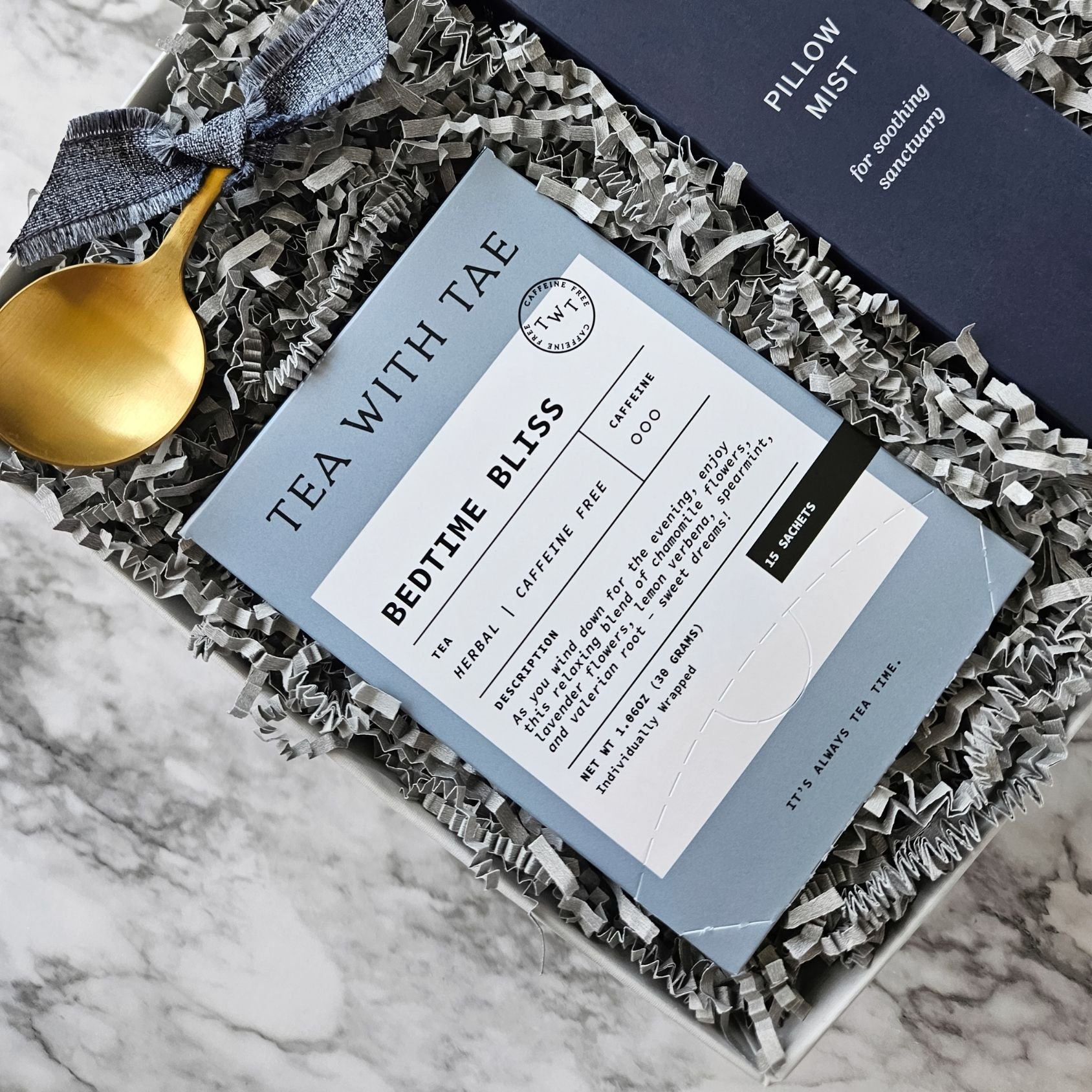Give the gift a goodnights rest with a sleep-inspired gift box featuring Baloo pillow mist, Tea with Tae bedtime bliss tea, and a gold spoon.