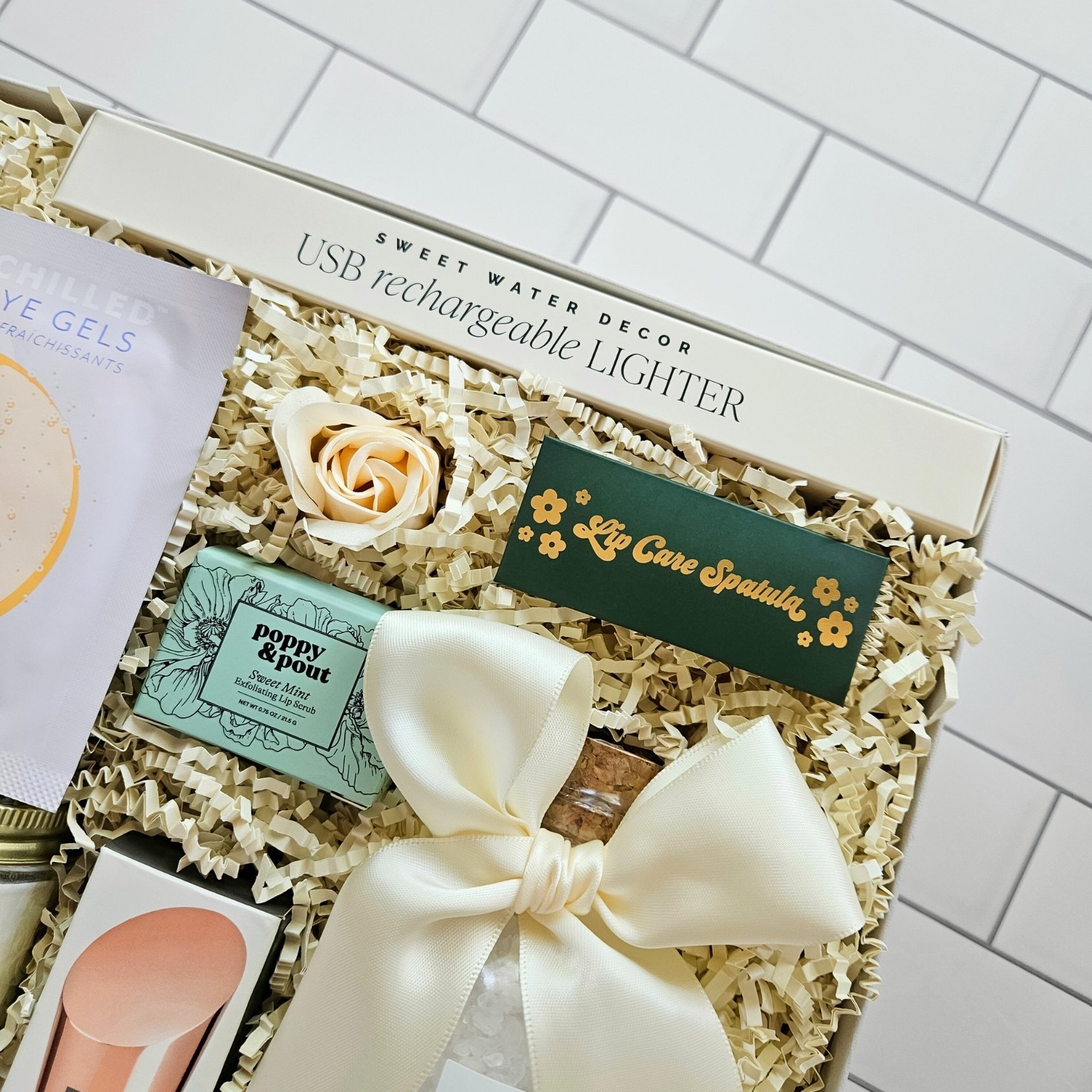 Thoughtful birthday gift for her with lavender bath salts, lip care, and eye treatment for a luxurious at-home spa day