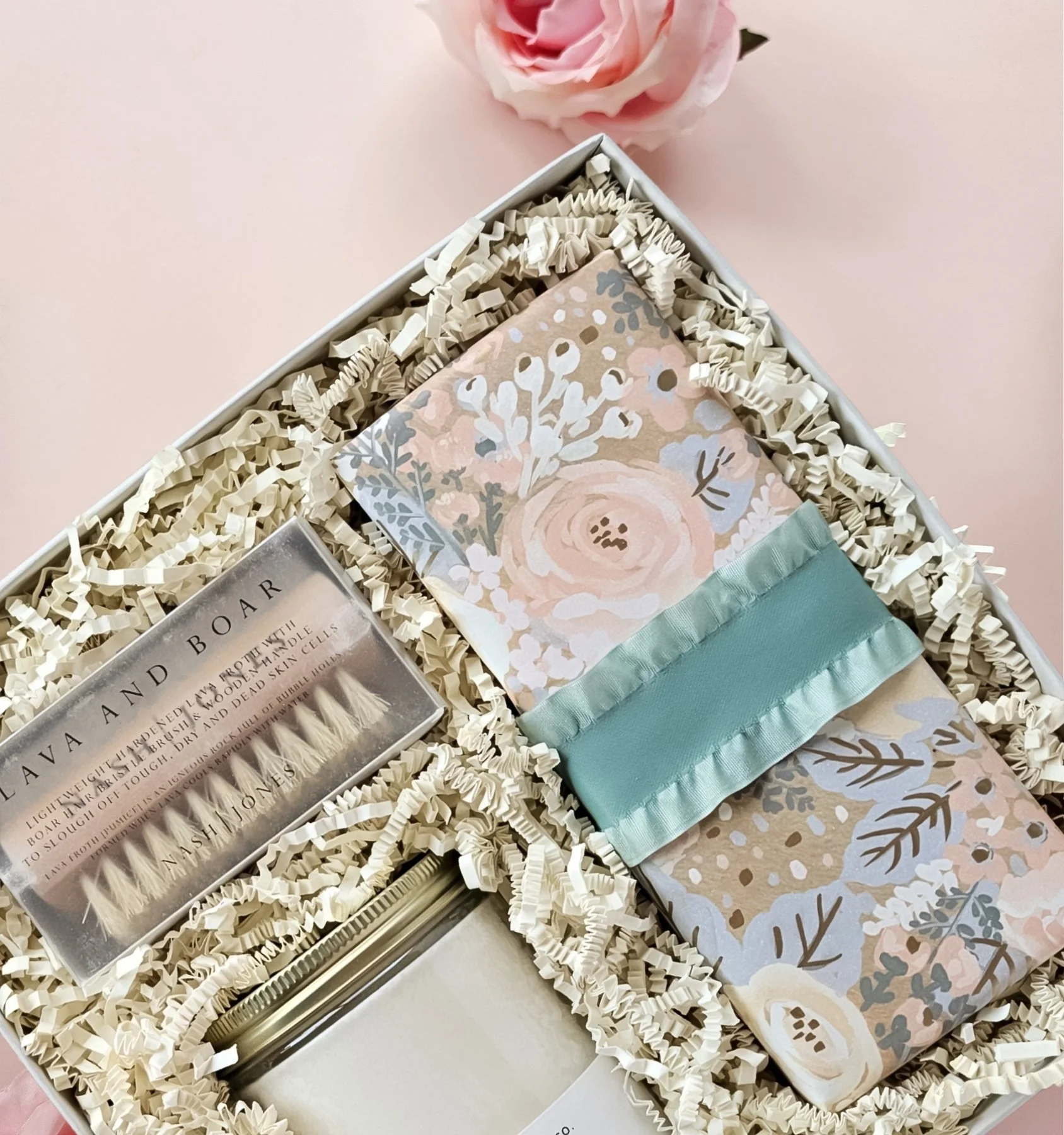 Mother’s Day Golden Hour gift box with calming candle, skin‑renewing brush, and sweet vanilla shortbread cookies.