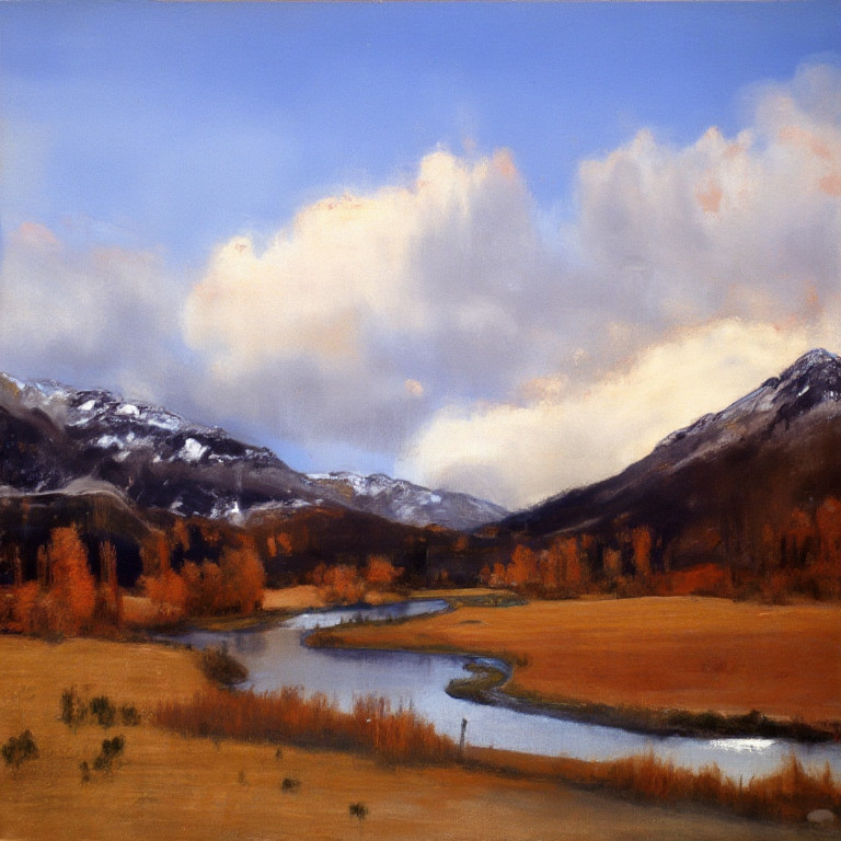 Flux.1 Output, Ben Bloch AI Image Model Prompt: "Winding river through valley, evening, brown and white in pasture, snowy mountains, blue sky with clouds, fall trees"