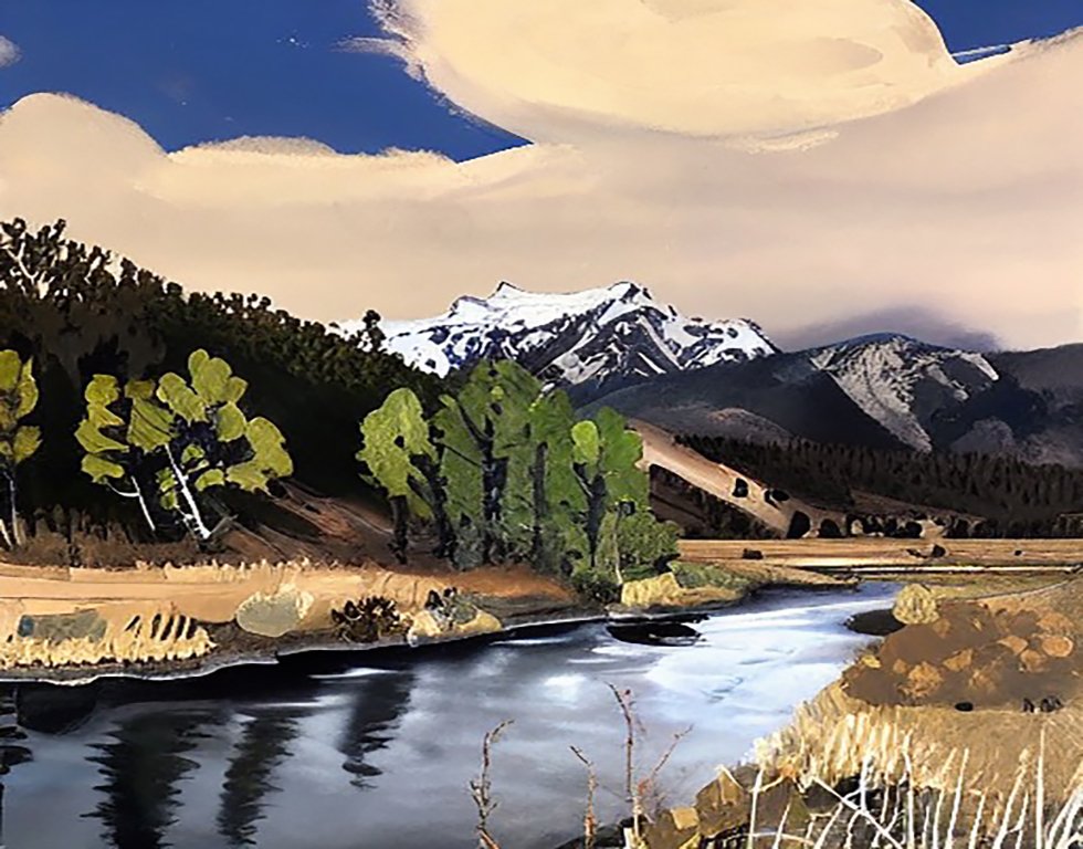 Stable Diffusion Output, Ben Bloch AI Image Model Prompt: "River flowing through edge of a meadow in fall, stormy, with aspen trees and snowy mountains"