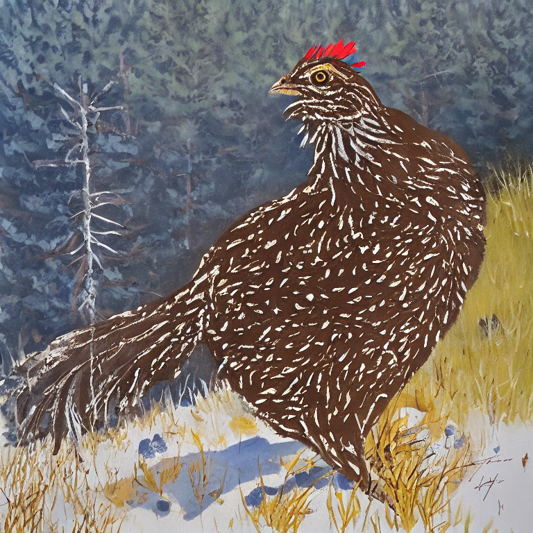 Flux.1 Output, Ben Bloch AI Image Model Prompt: "Ruffed grouse, close up, in winter"
