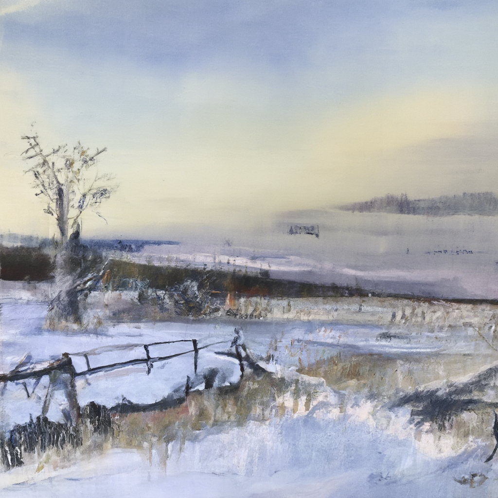 Flux.1 Output, Ben Bloch AI Image Model Prompt: "Snowy field with a jack fence"