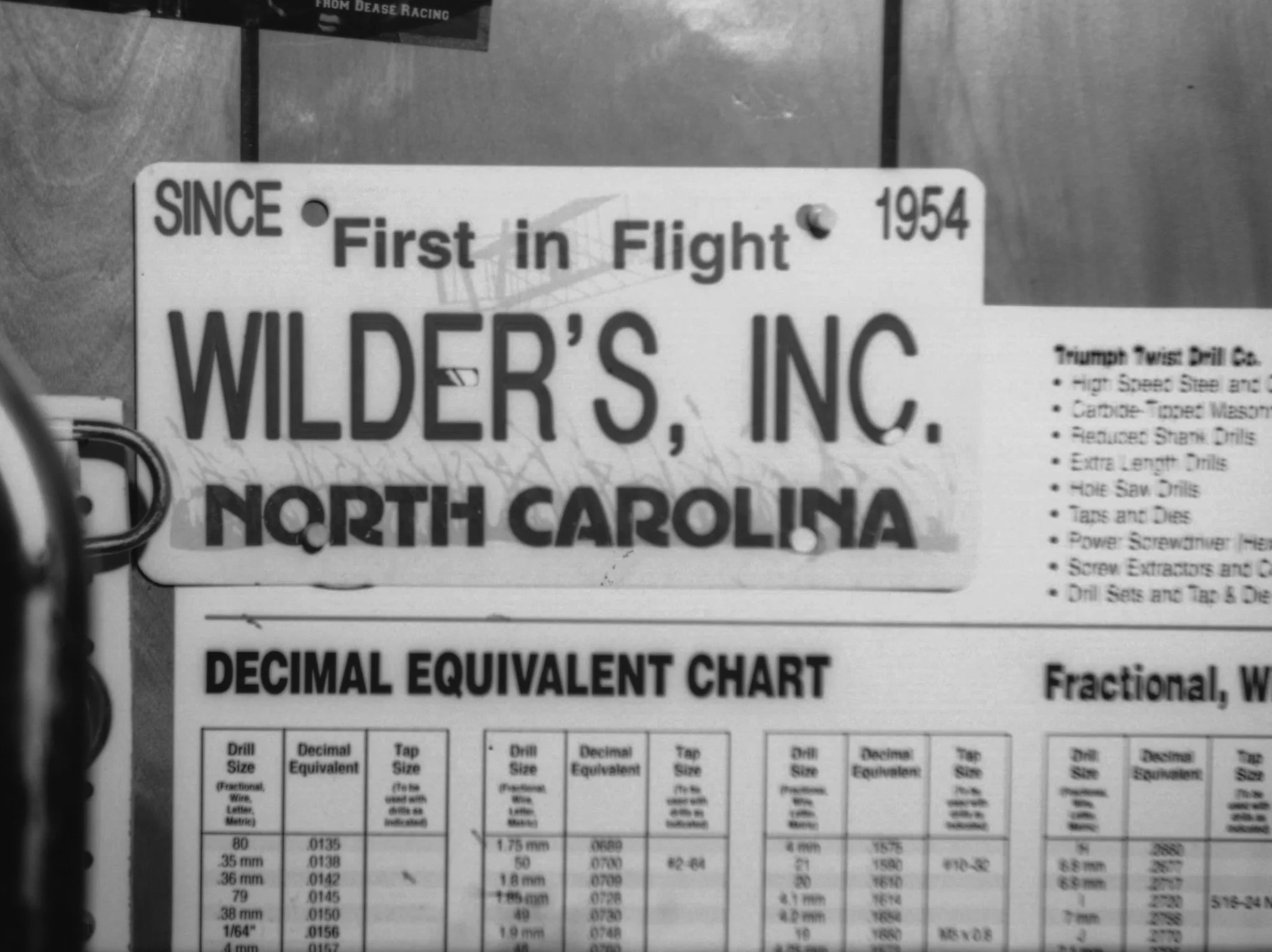 A portion of a decibel equivalent chart indicating the first flight of Winder's Inc. from Dease Racing in North Carolina in 1954, with instructions for drill size, decimal equivalent, tap size, and other technical specifications.