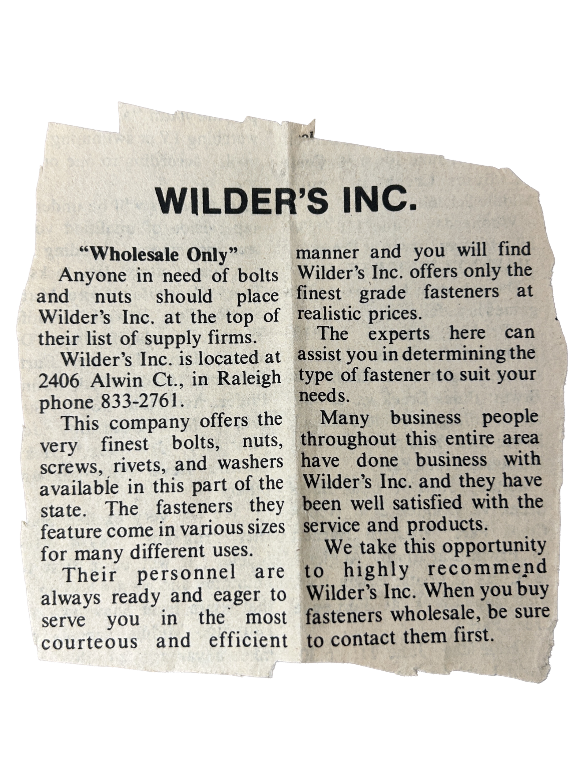 "Wilder's Inc - Wholesale only"
