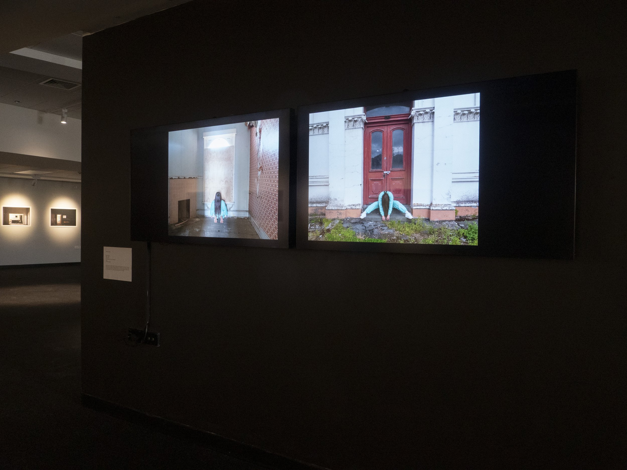 inside/outside, two-channel HD video installation, silent, 2024–2026, installation view, Victoria, He Waka Tuia, Waihōpai Invercargill NZ, 2026