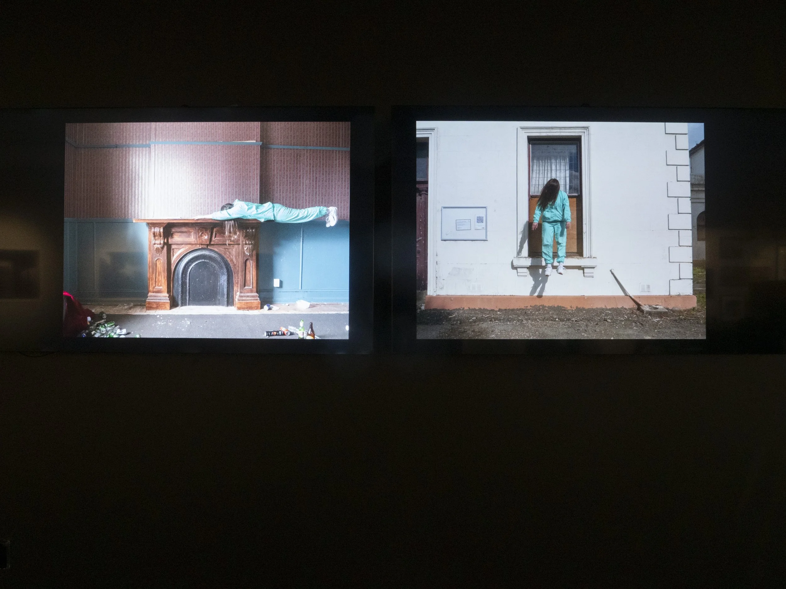 inside/outside, two-channel HD video installation, silent, 2024–2026, installation view, Victoria, He Waka Tuia, Waihōpai Invercargill NZ, 2026