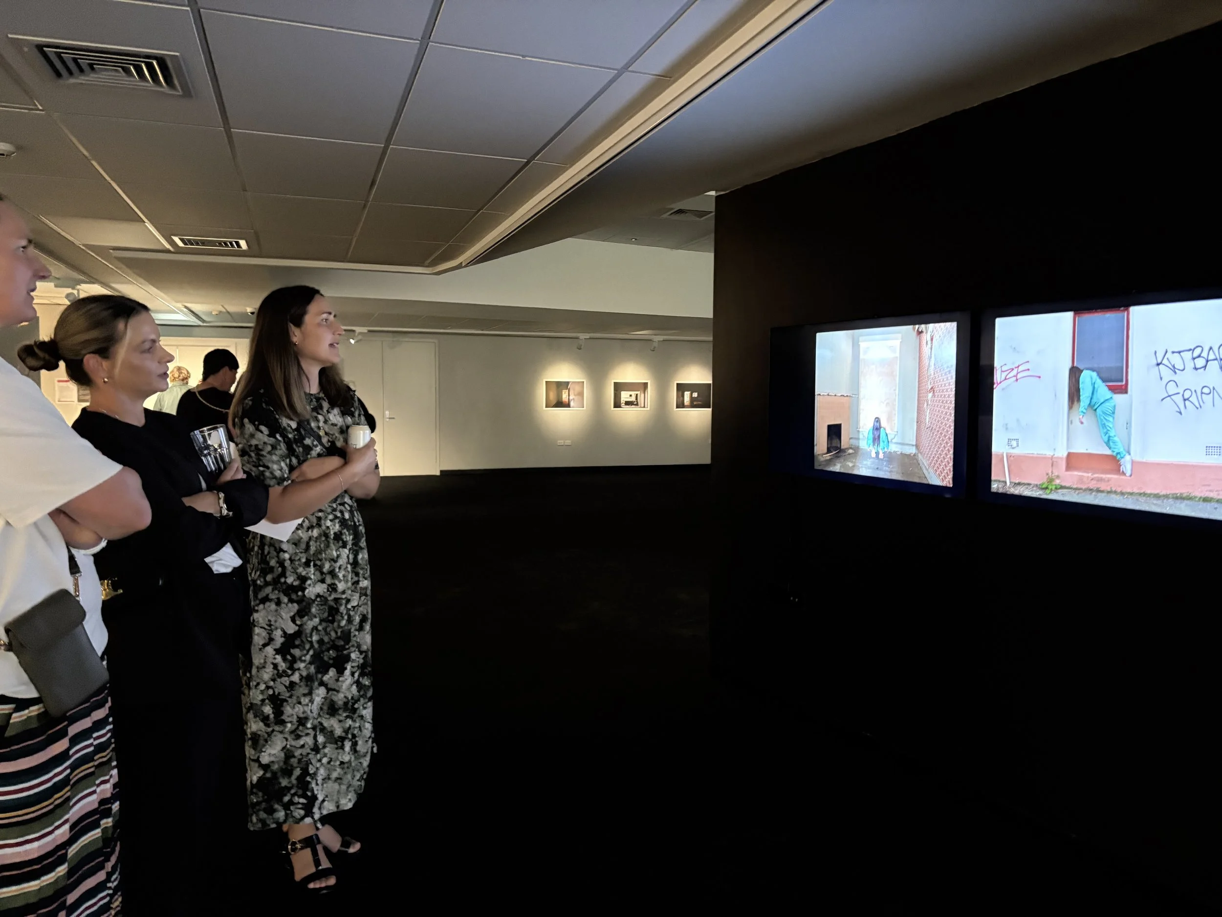 inside/outside, two-channel HD video installation, silent, 2024–2026, installation view, Victoria, He Waka Tuia, Waihōpai Invercargill NZ, 2026