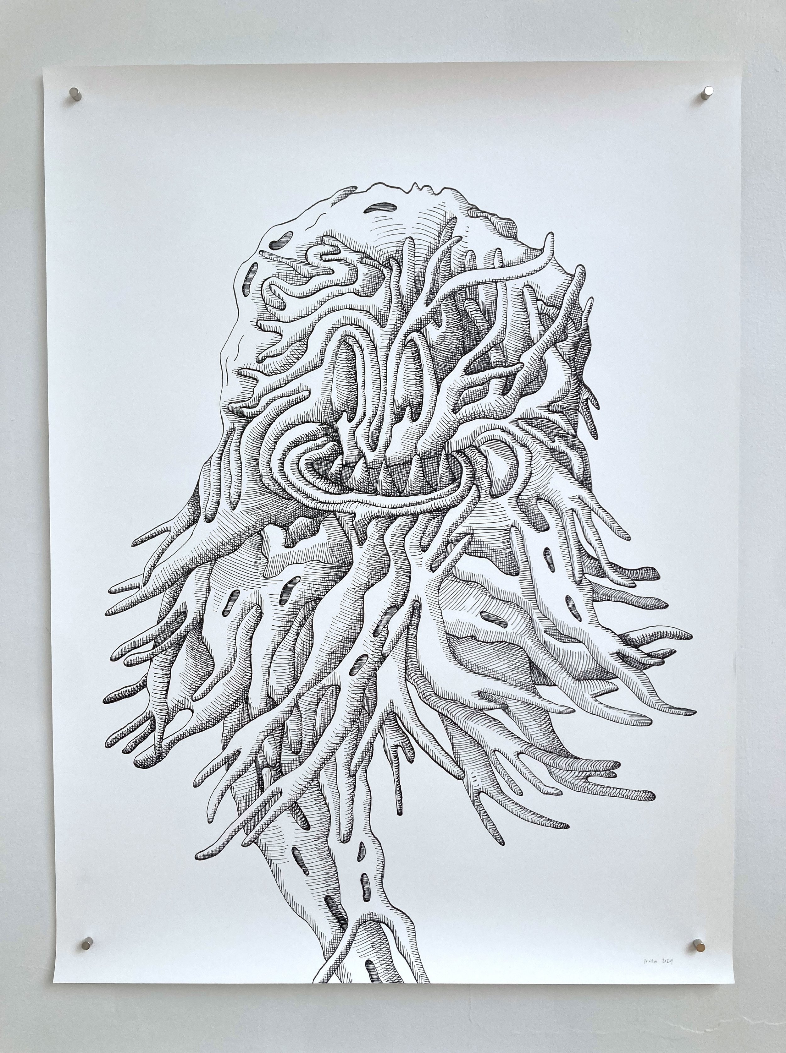 spiculated portraits, series of 12 drawings, ink on Fabriano paper, 1680 x 4000mm, 2024, detail