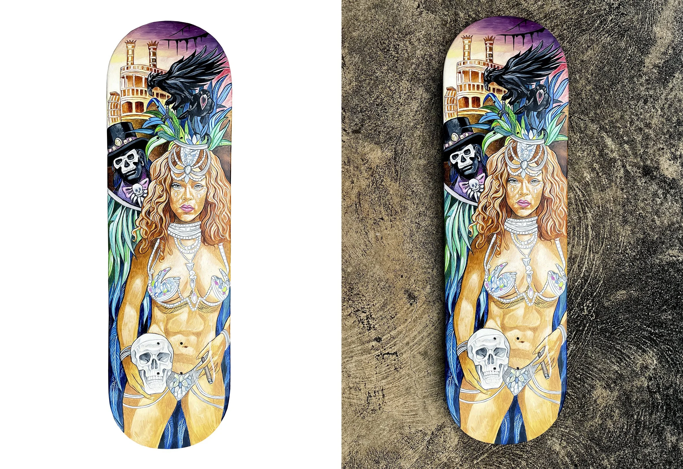 MonstaSkate 6, " Riri  The Voodoo Queen" 32 x 9 inche - 82 x 23 cm , Oil on Skate, 2025