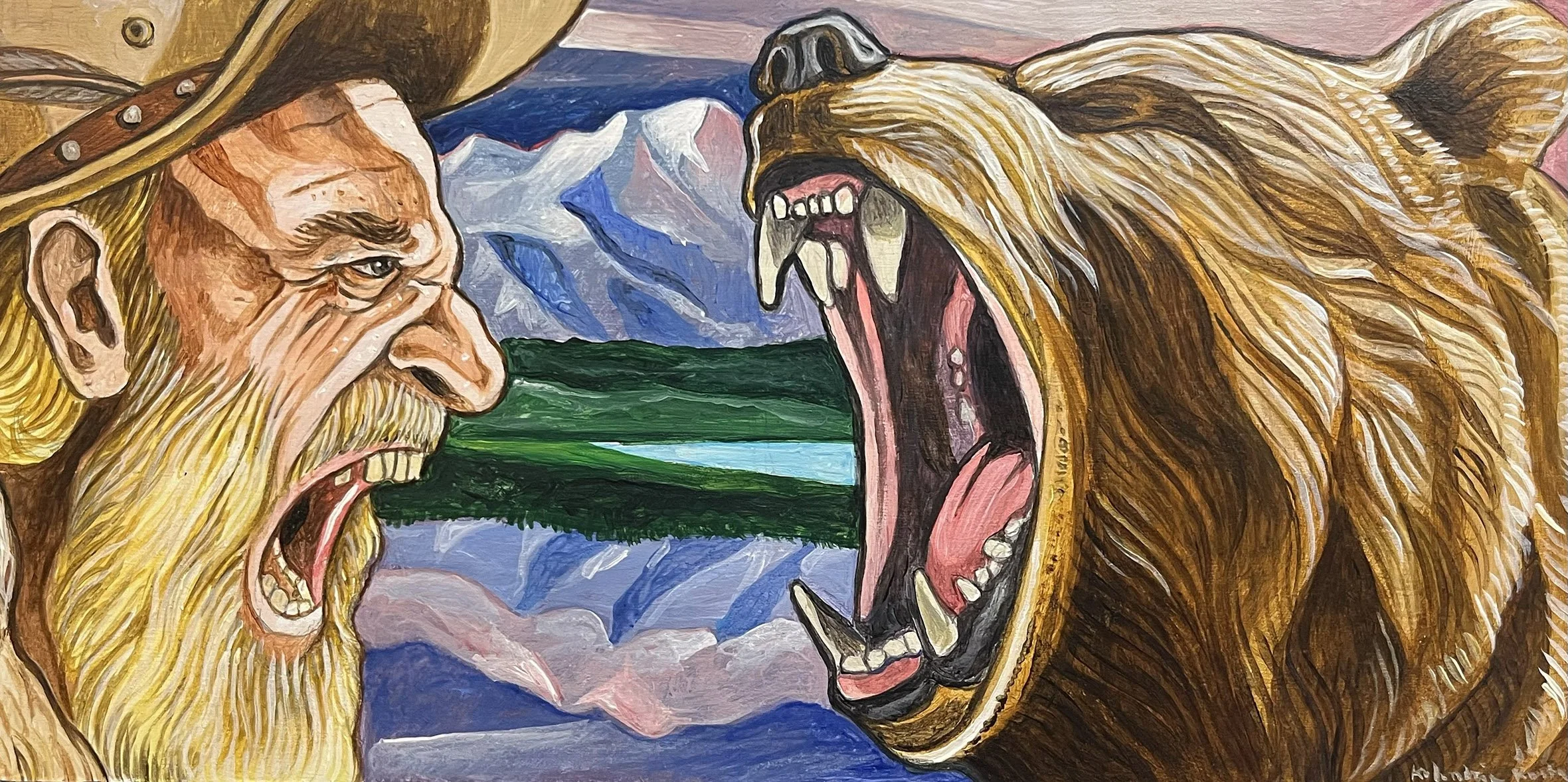 Gold Digger vs Meat eater, 6 x 12 inches, Oil on Wood