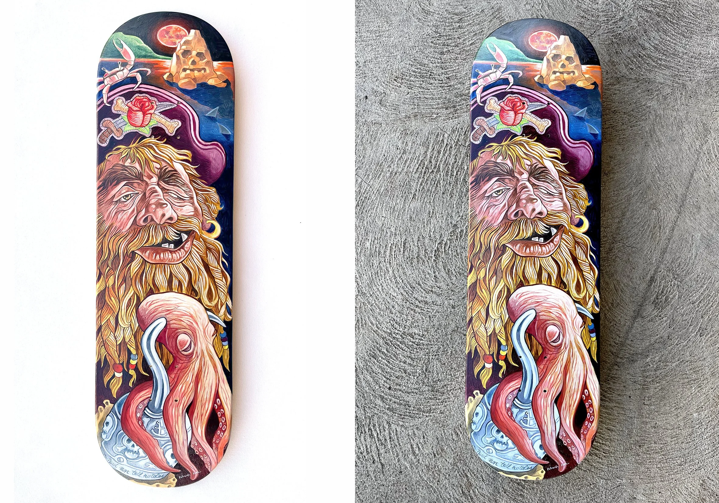 MonstaSkate 4, " Dead Men tell no tales" 32 x 9 inche - 82 x 23 cm , Oil on Skate, 2025