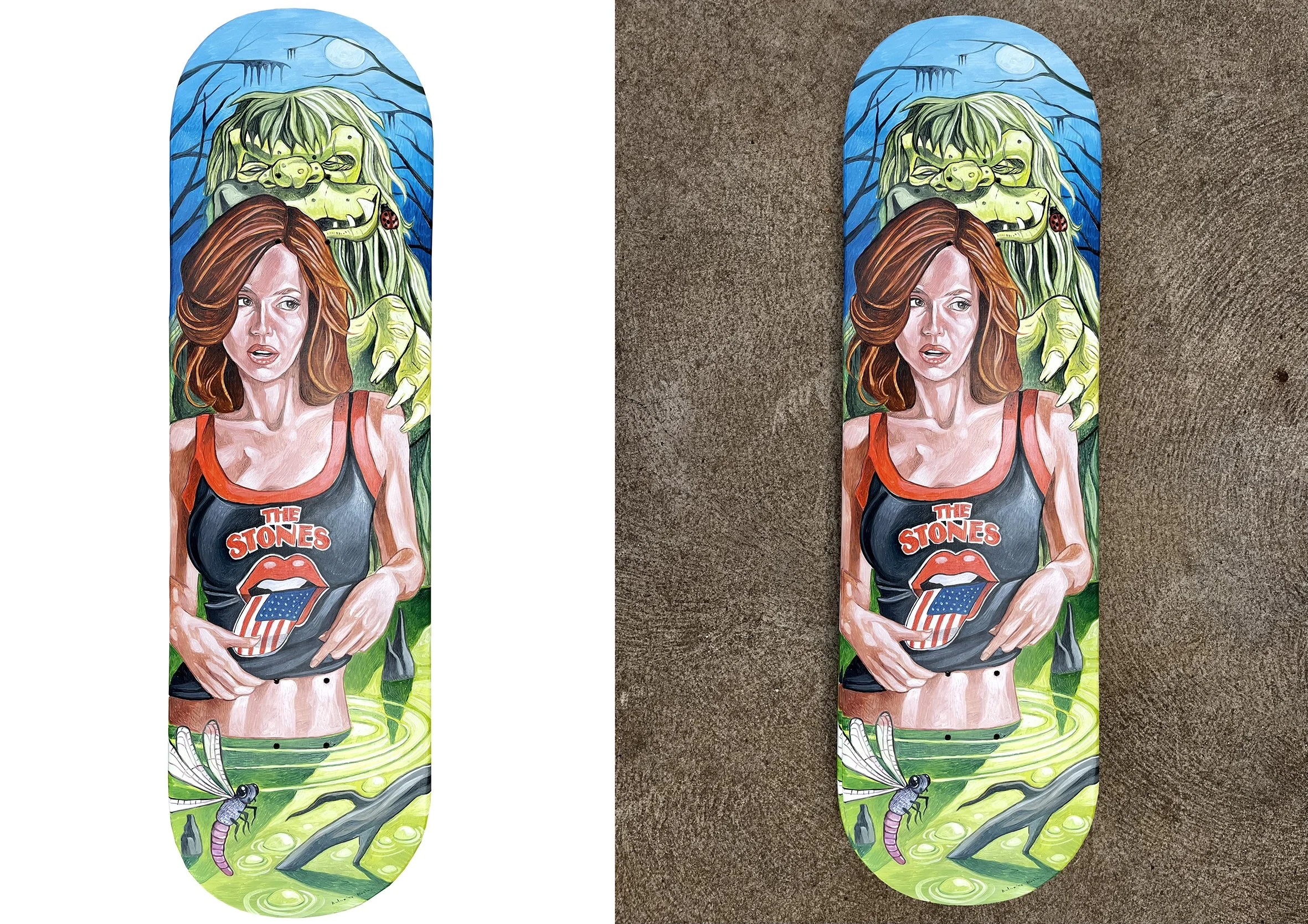MonstaSkate 3, " The Lady From the Swamp" 32 x 9 inche - 82 x 23 cm , Oil on Skate, 2025