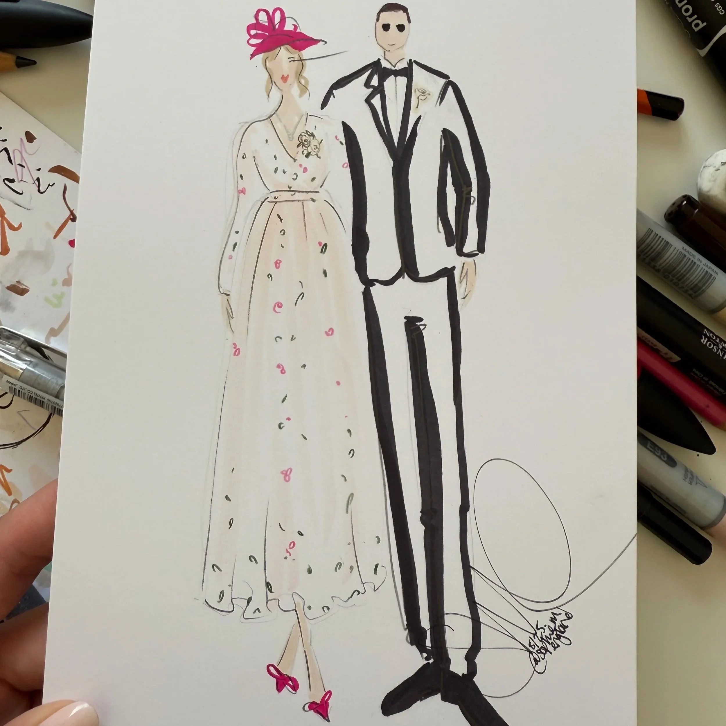 A fashion illustration of a woman and man in formal attire, with the woman wearing a long, gown and the man in a tuxedo, drawn with black ink and colored accents.
