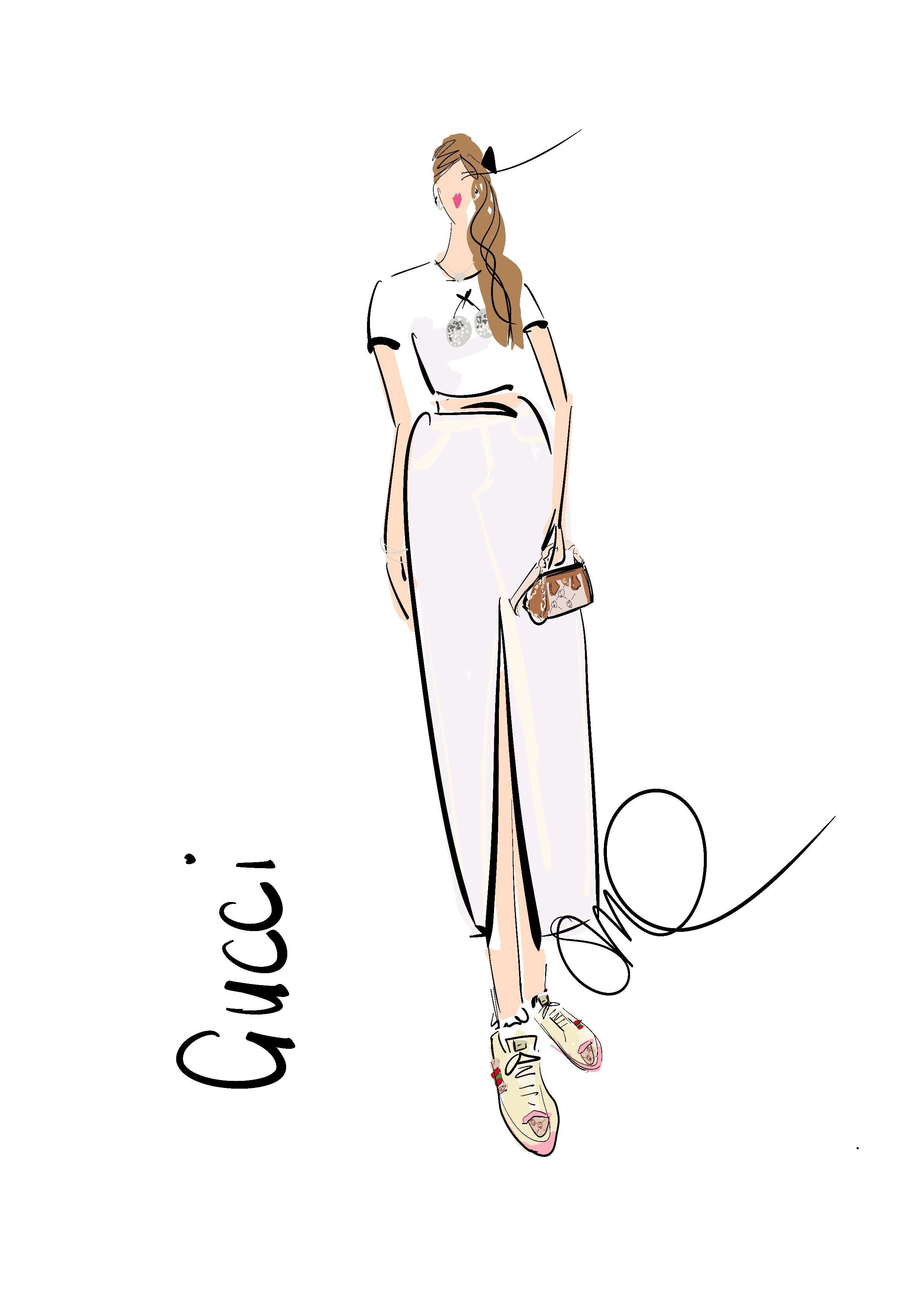 Live fashion illustration of a woman wearing a white jumpsuit with a front slit, sneakers, and a small handbag, with long hair and earrings, and the name "Gucci" written beside her.