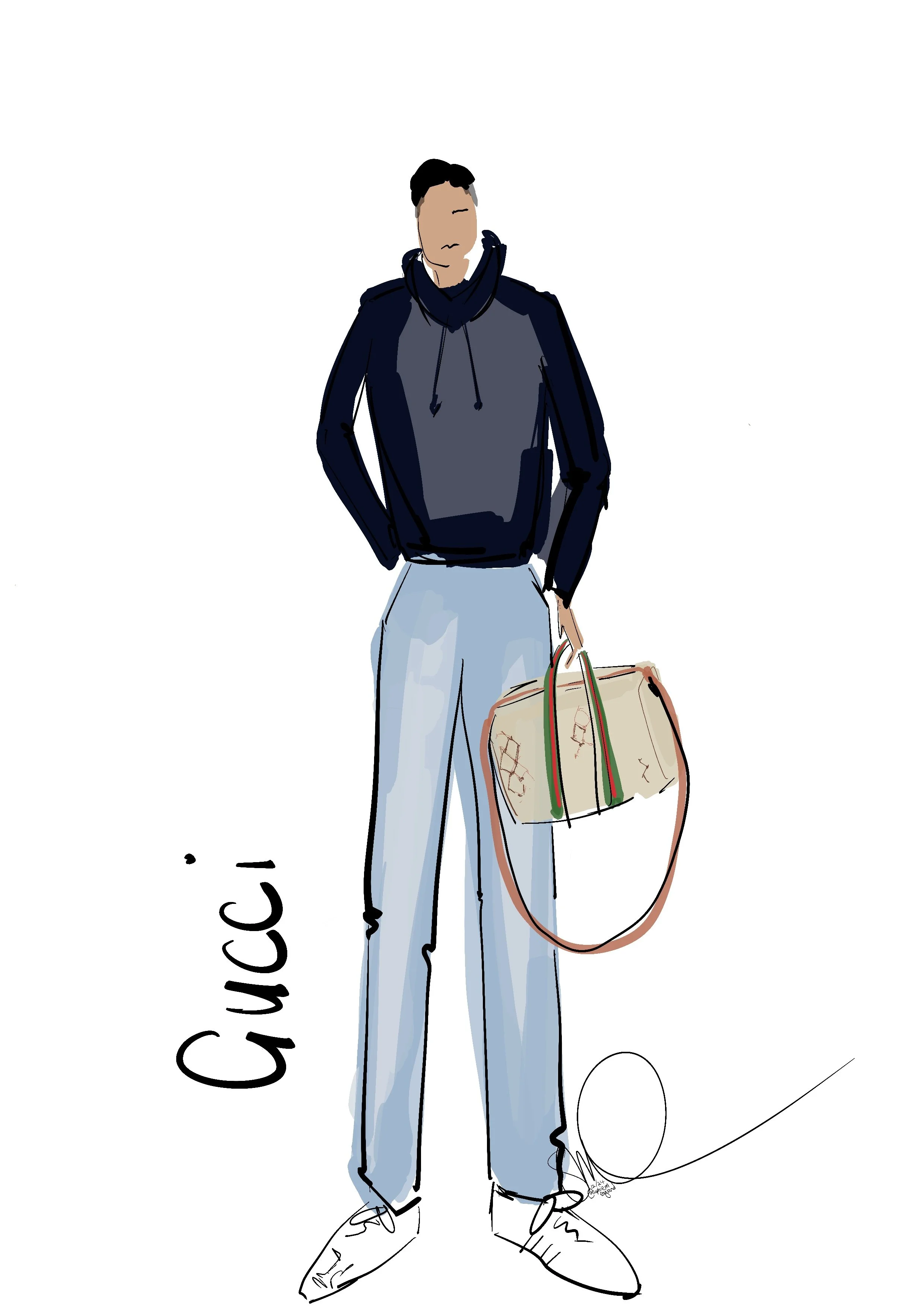 Digital sketch of a man (illustrated at an event) in casual travel attire holding a beige duffel bag with green and red stripes, wearing a navy jacket, gray hoodie, light blue pants, and white shoes.