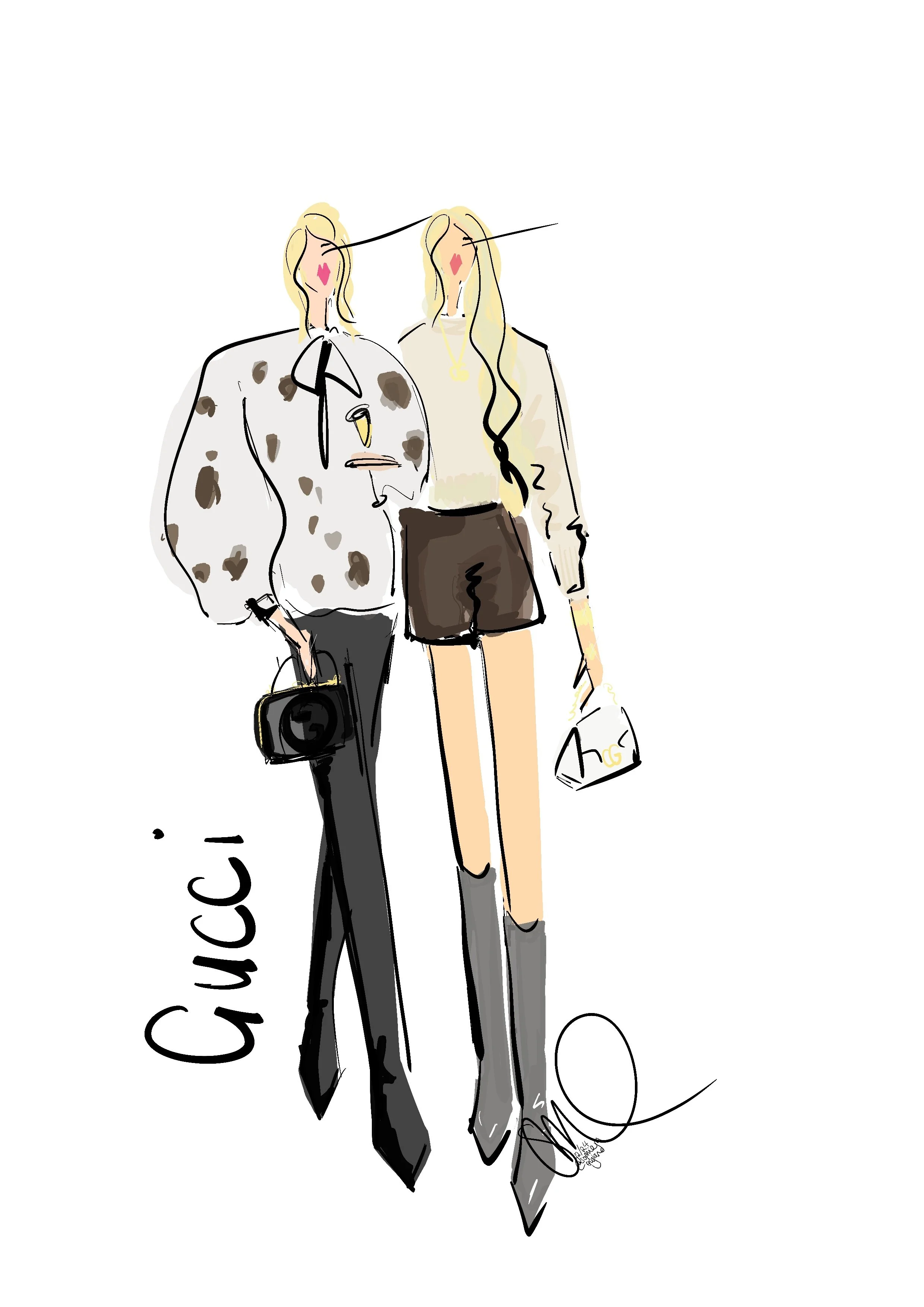 Fashion illustration of two women standing side by side. One is wearing a spotted shirt with black pants, holding a camera. The other is in a light top with shorts, tall boots, and carrying a shopping bag. The word 'GUC' is written next to them.