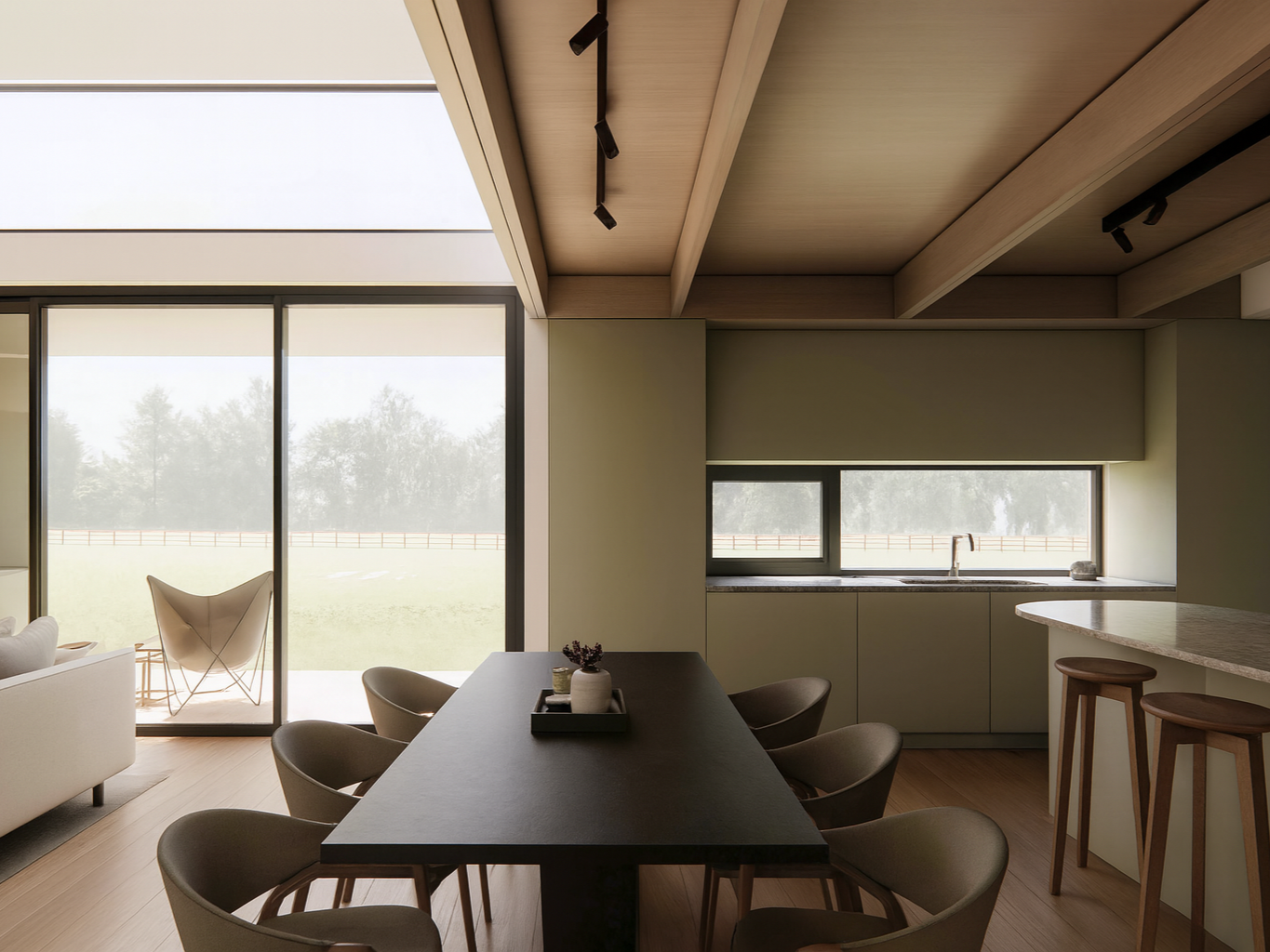 internal home render of dining table in open living space