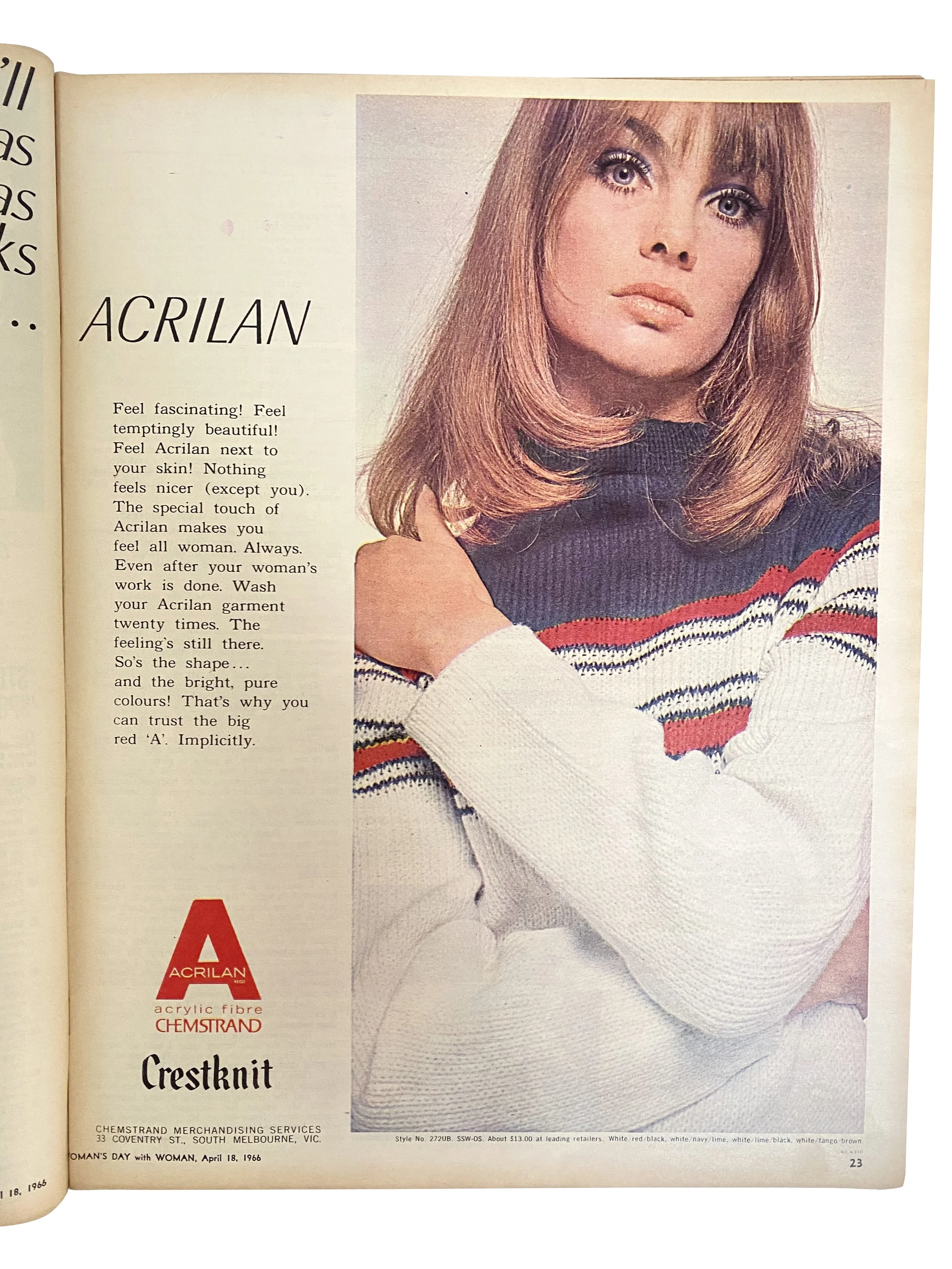 Acrilan Chemstrand - You'll feel as beautiful as she looks in...Acrilan. (red, white and blue sweater)