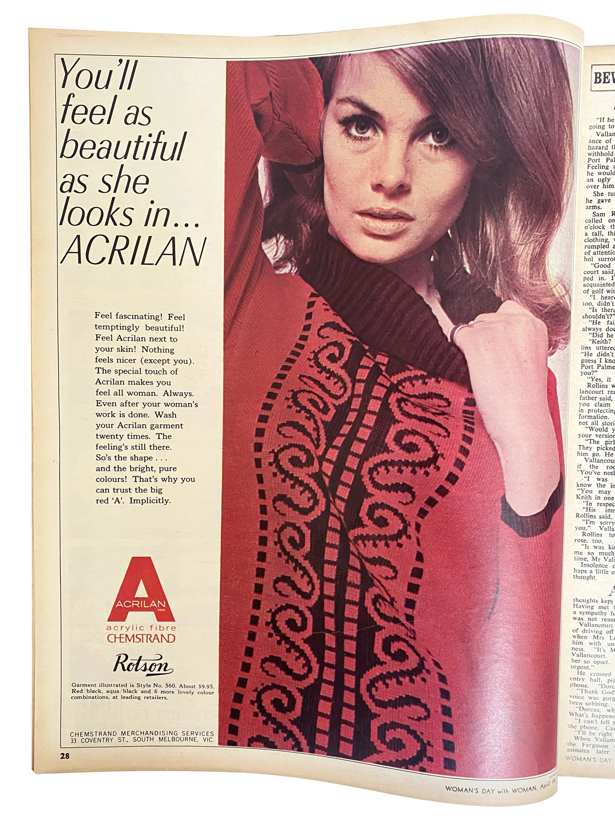 Acrilan Chemstrand - You'll feel as beautiful as she looks in...Acrilan (red and black sweater)