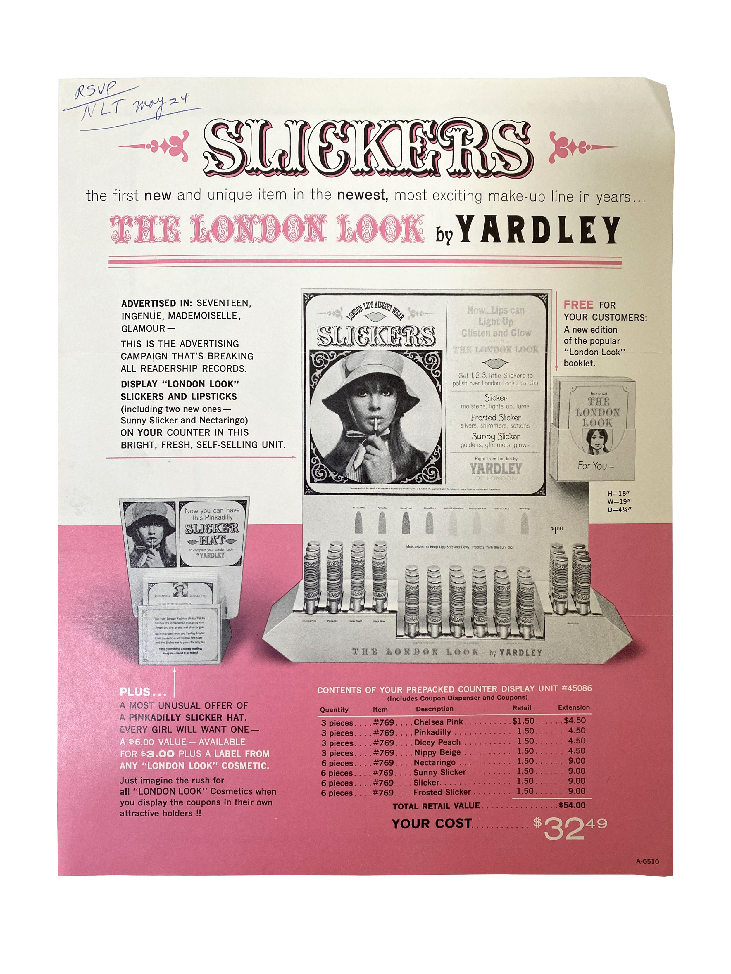 Yardley "London Lips Always Wear Slickers" drugstore promotional advertising information (back side of poster)