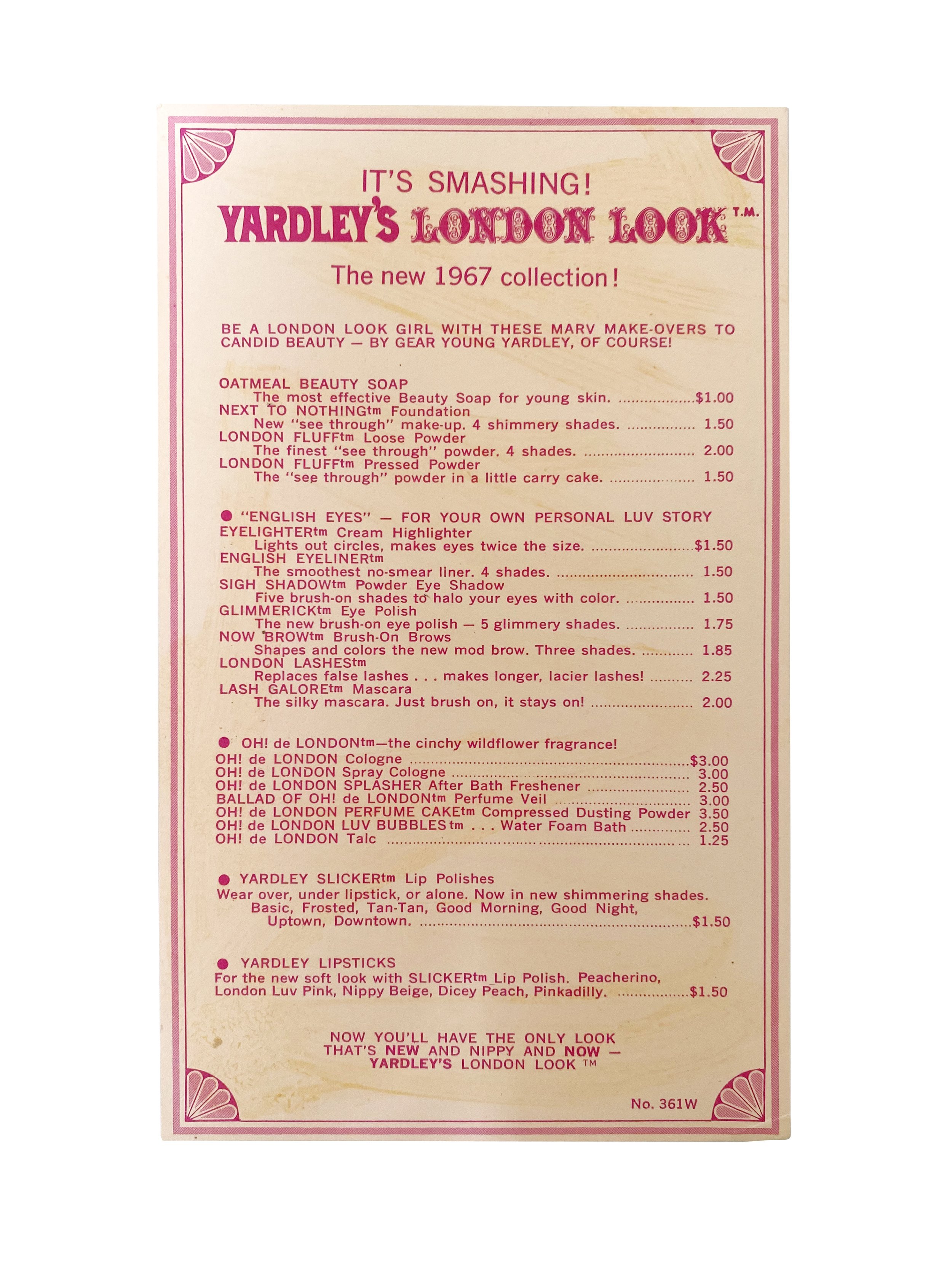 Yardley membership offer/pricelist - back side of card (included in tote bag given out during appearances)