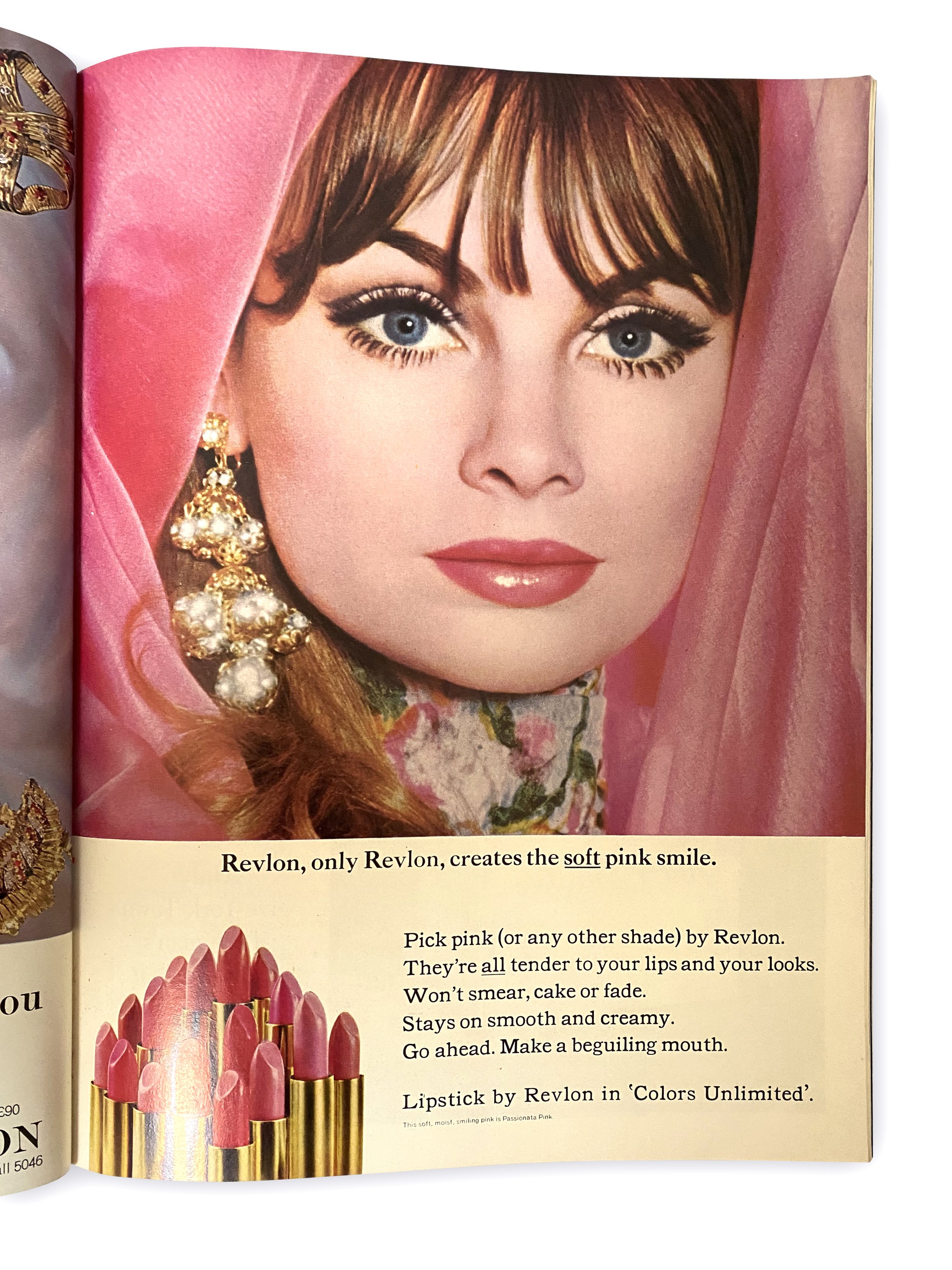Revlon, only Revlon, creates the soft pink smile. Lipstick by Revlon in 'Colors Unlimited.'