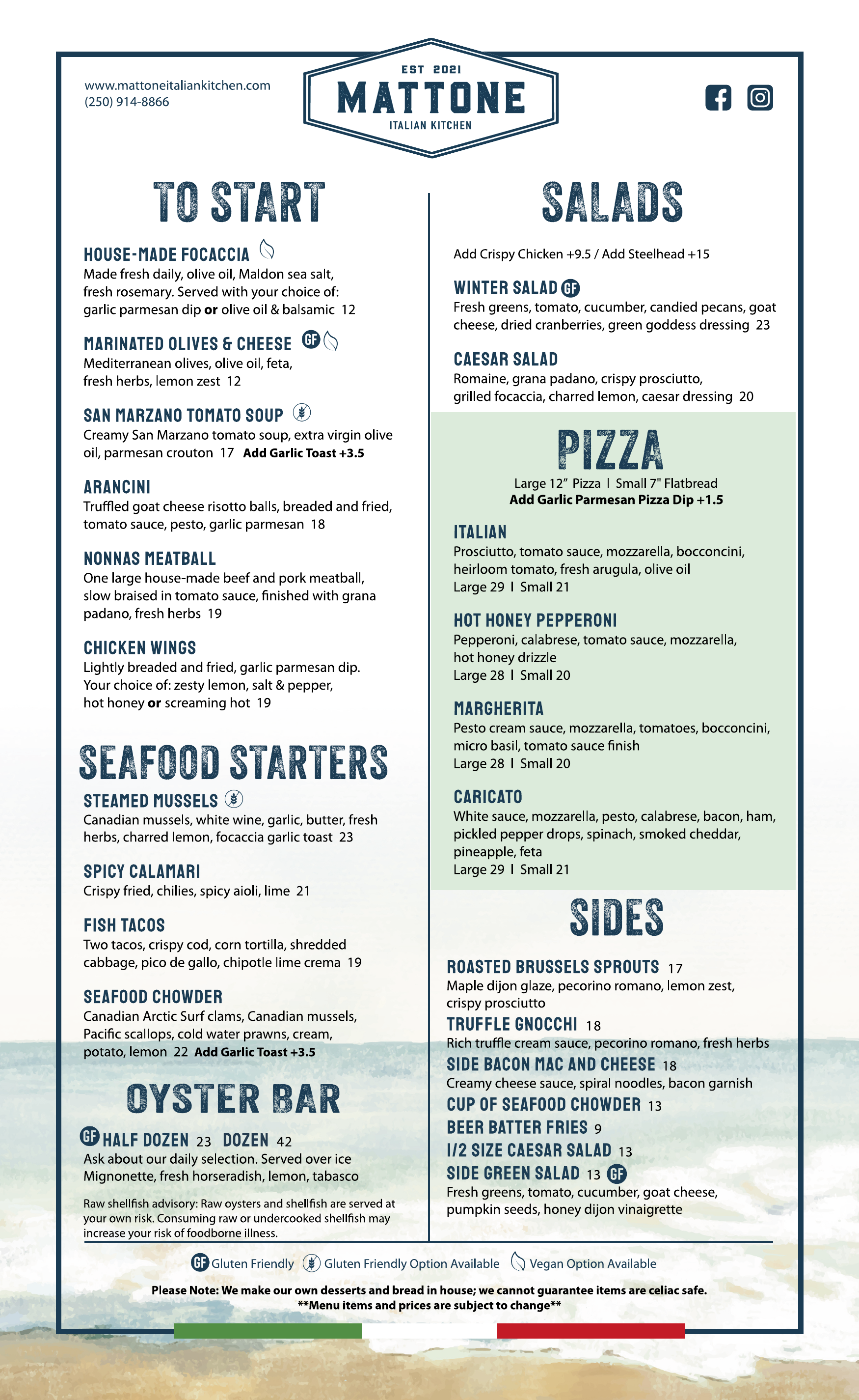 Mattone winter menu, page 1