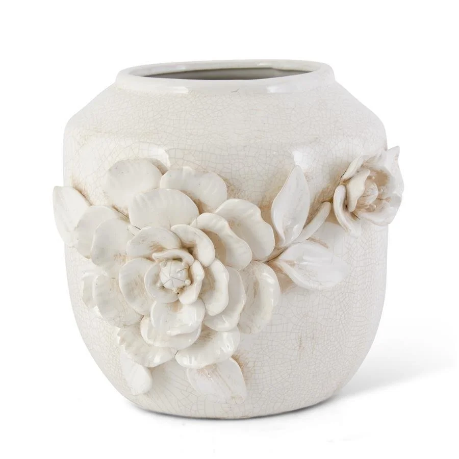 Ivory Ceramic Crackled Vase with Raised Roses