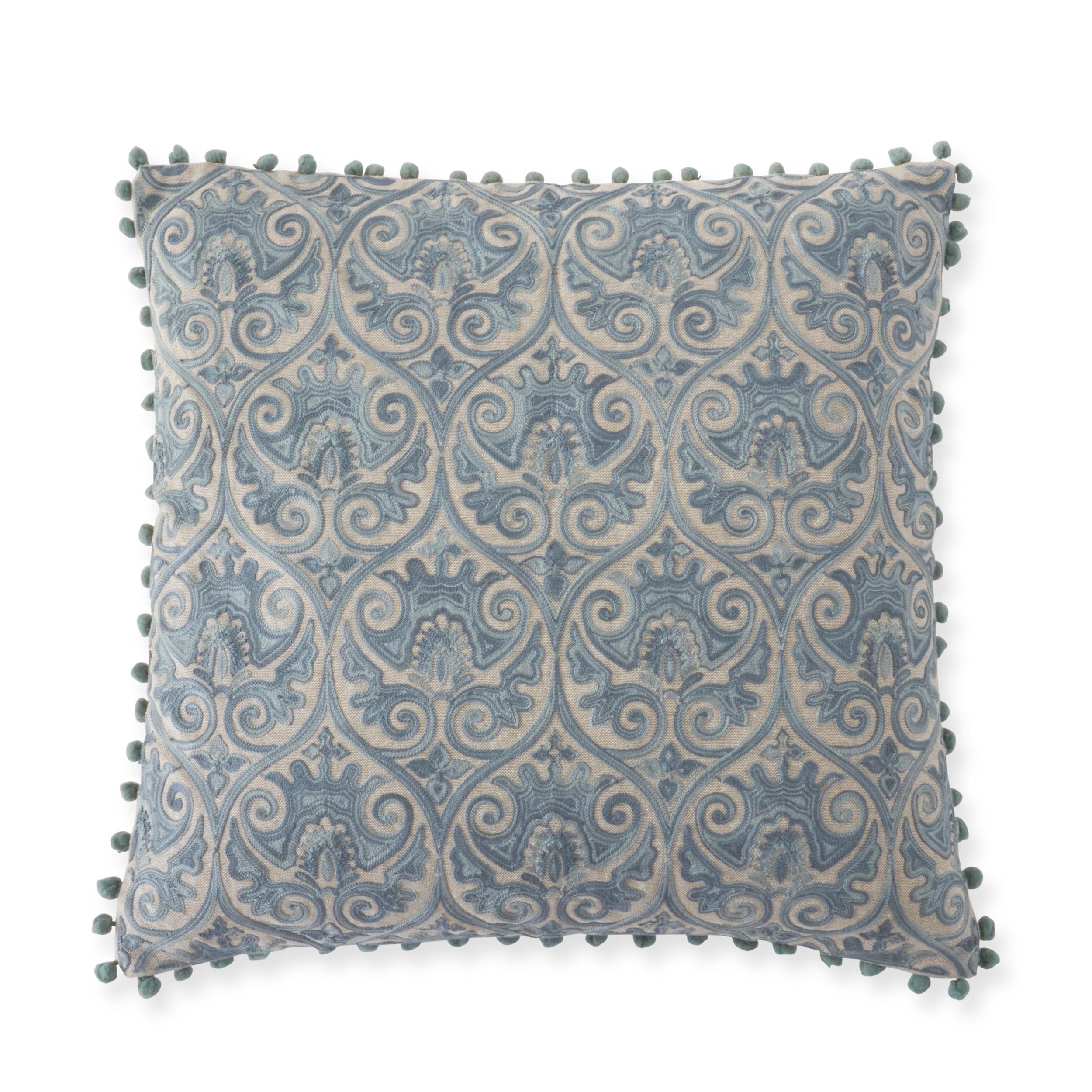 tan-with-blue-gray-embroidered-crest-throw-toss-accent-pillow-with-pompom-trim-20-inch-square.jpg